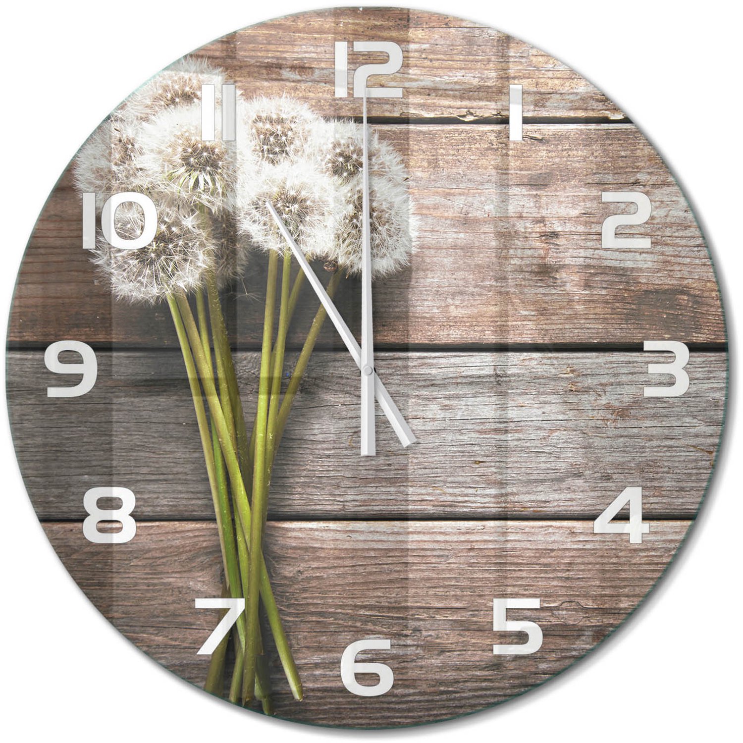 TULUP Wandklok - Paardenbloemhout Wandklok Glas Decoratie - fi60 cm - Bruin Gekleurde Glazen Klok - Witte handen - Ronde Klok - Klok Glas Met Opdruk - Moderne Wandklok Glas