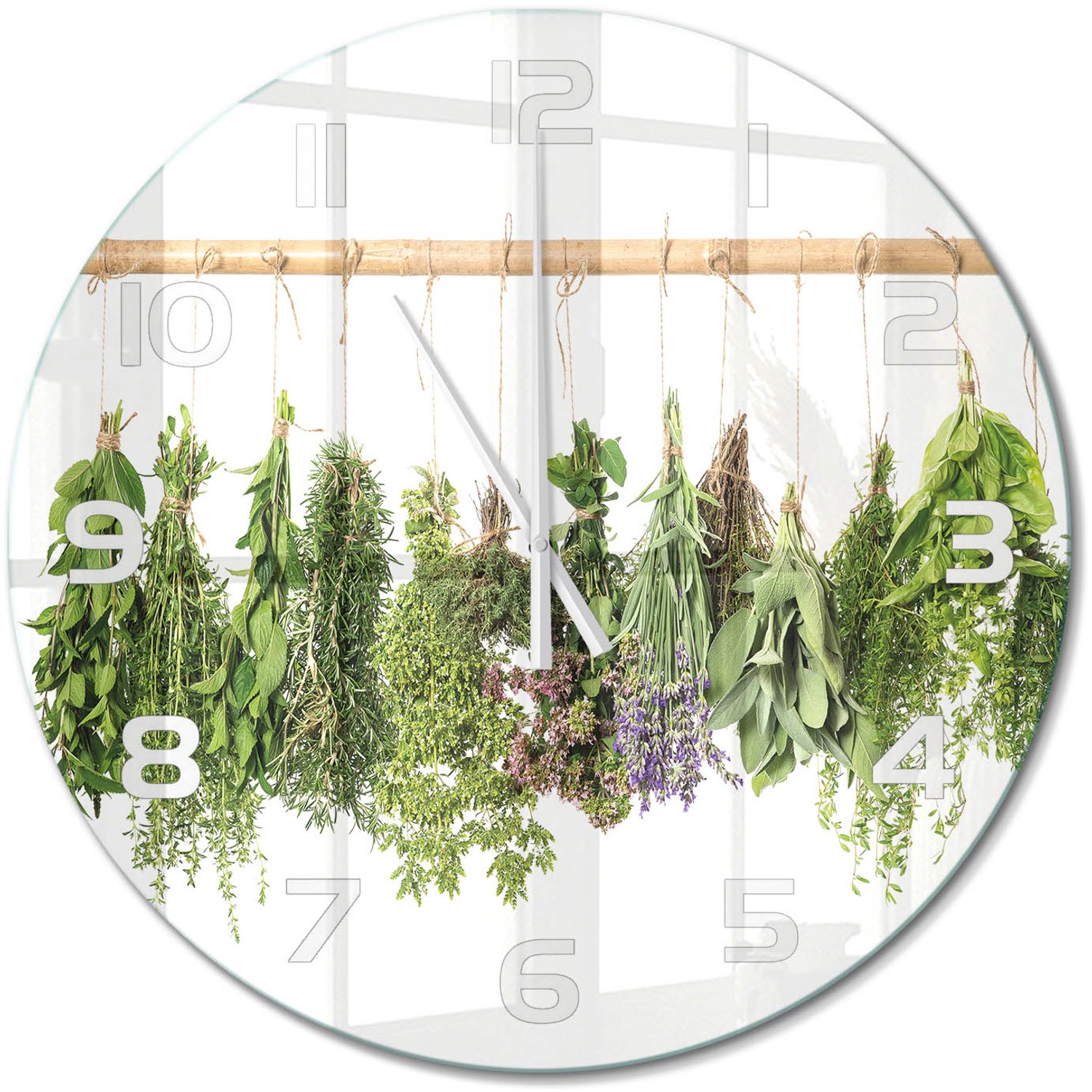 TULUP Wandklok - Kruiden aan een touwtje Glazen Klok Met Print - fi60 cm - Groente Wandklok Glas Met Motief - Witte handen - Ronde Klok - Wandklok Glas Decoratie - Gekleurde Glazen Klok
