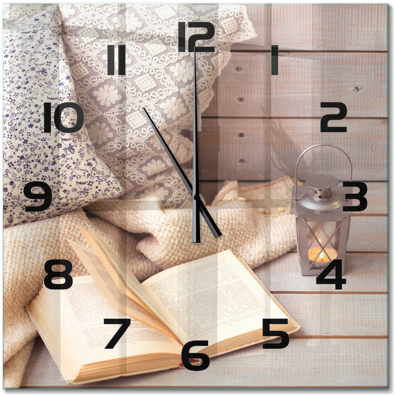 TULUP Wandklok - Ontspan met een boek. Wandklok Glas Met Motief - 60x60 cm - Beige Decoratieve Glazen Klok - Zwarte handen - Vierkante Klok - Gekleurde Glazen Klok - Glazen Klok Met Print