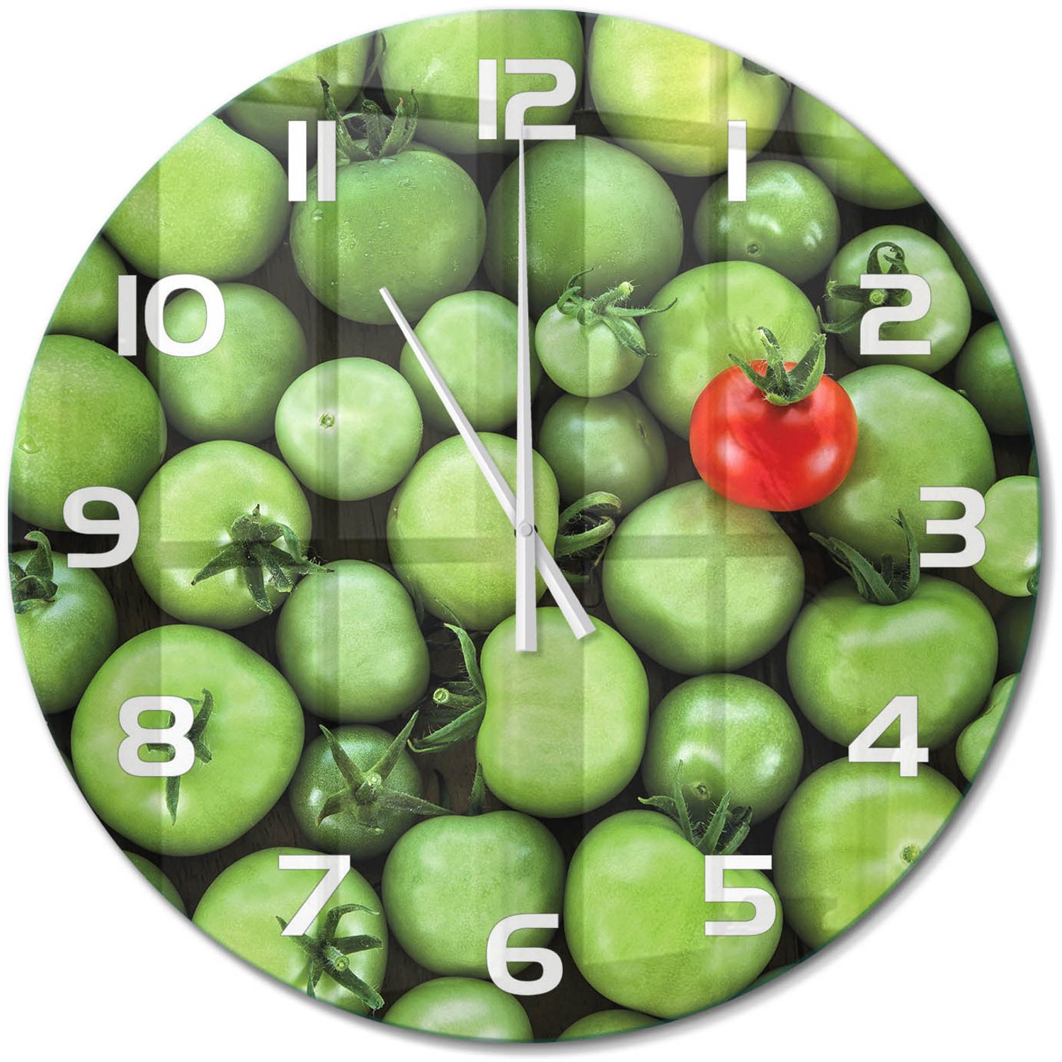 TULUP Wandklok - Rijpe tomaat Wandklok Glas Met Motief - fi60 cm - Rood Decoratieve Glazen Klok - Witte handen - Ronde Klok - Gekleurde Glazen Klok - Glazen Klok Met Print
