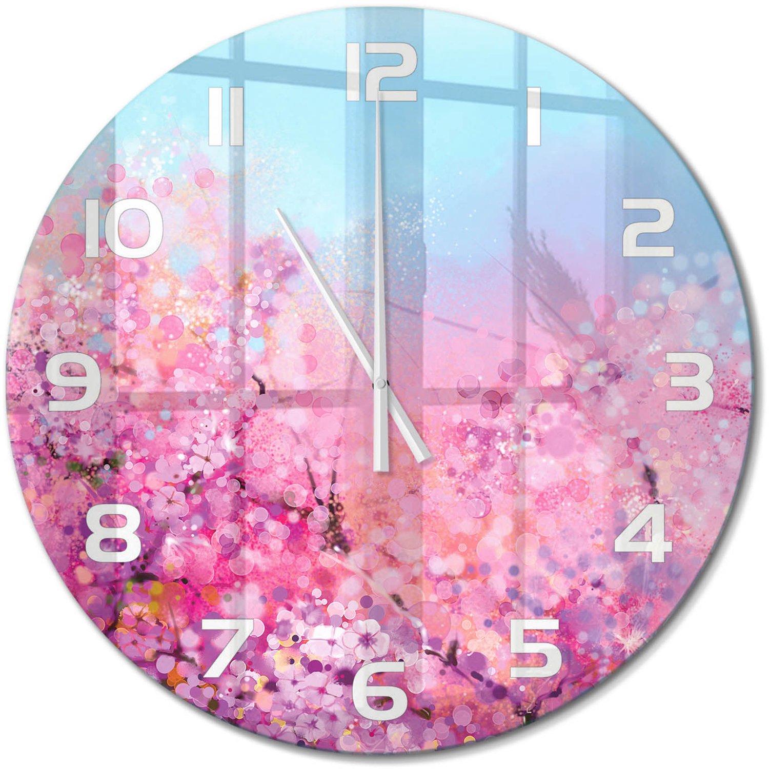TULUP Wandklok - Kersenbloesem Decoratieve Glazen Klok - fi60 cm - Roze Glazen Wandklok Design - Witte handen - Ronde Klok - Glazen Klok Met Print - Wandklok Glas Met Motief