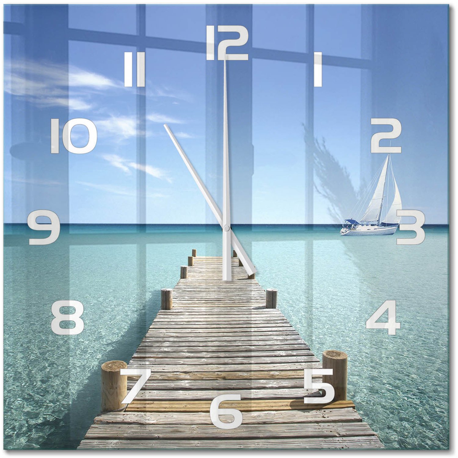 TULUP Wandklok - Houten brug Gekleurde Glazen Klok - 60x60 cm - Blauw Glazen Klok Met Print - Witte handen - Vierkante Klok - Moderne Wandklok Glas - Wandklok Glas Decoratie
