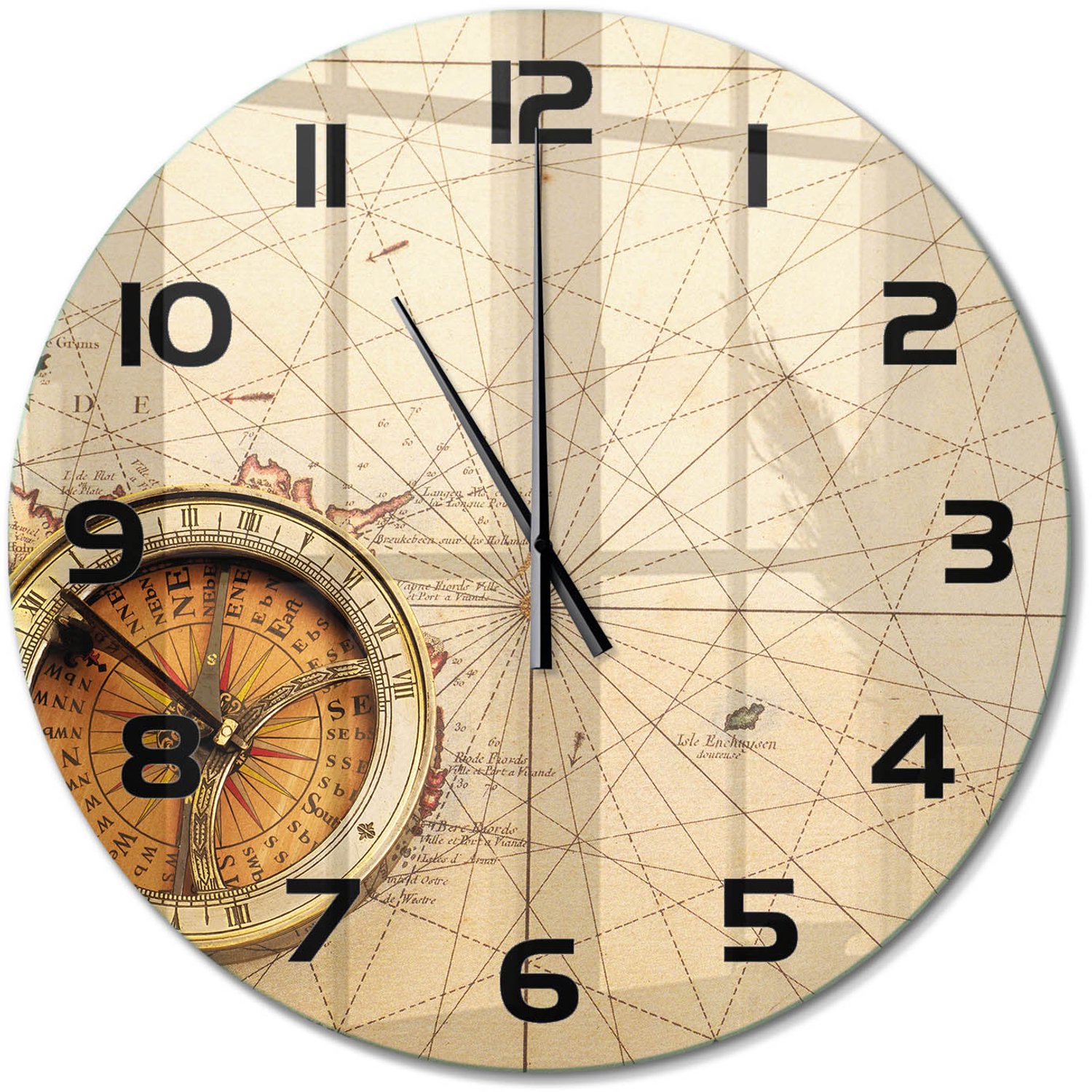TULUP Wandklok - Kompas op de kaart Gekleurde Glazen Klok - fi60 cm - Beige Glazen Klok Met Print - Zwarte handen - Ronde Klok - Moderne Wandklok Glas - Wandklok Glas Decoratie