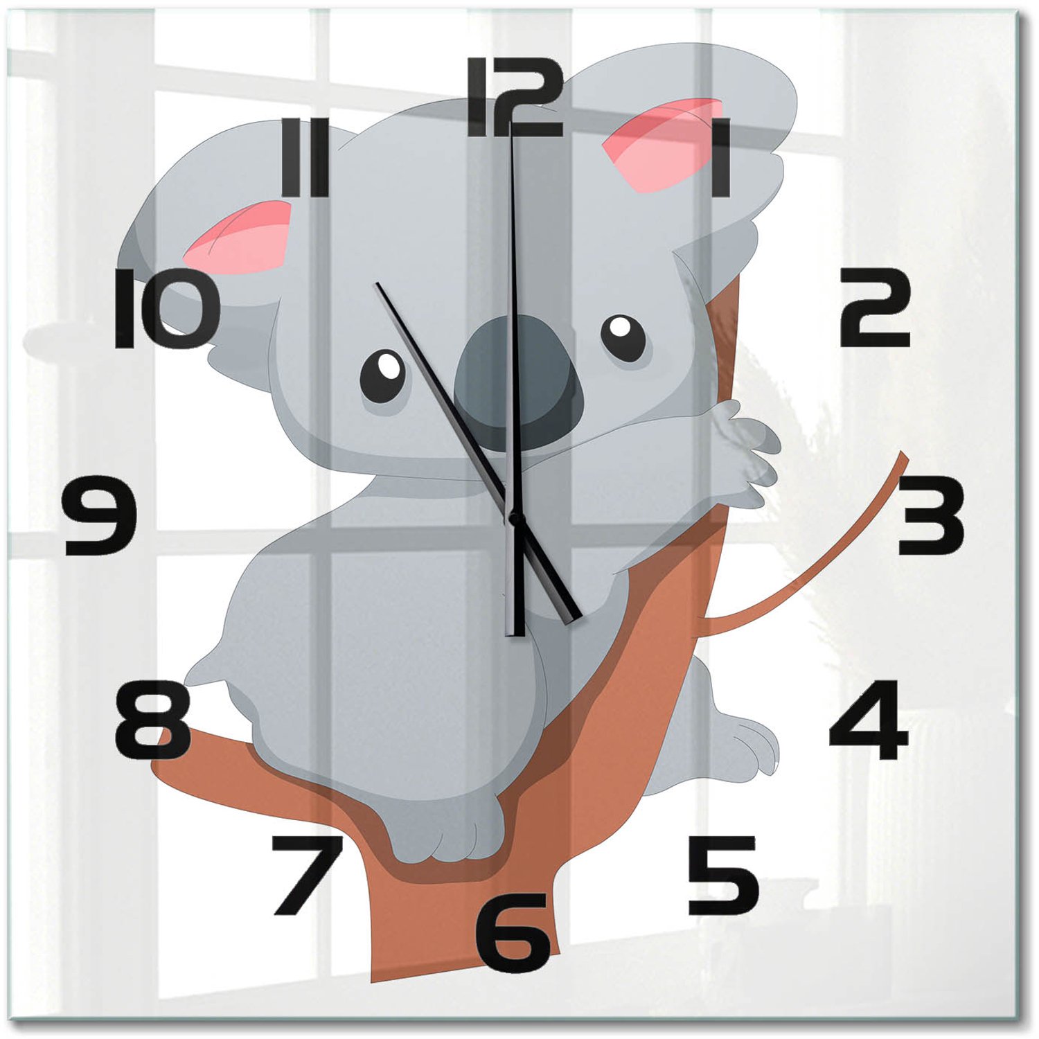TULUP Wandklok - Koala in een boom Wandklok Glas Decoratie - 60x60 cm - Grijs Gekleurde Glazen Klok - Zwarte handen - Vierkante Klok - Klok Glas Met Opdruk - Moderne Wandklok Glas
