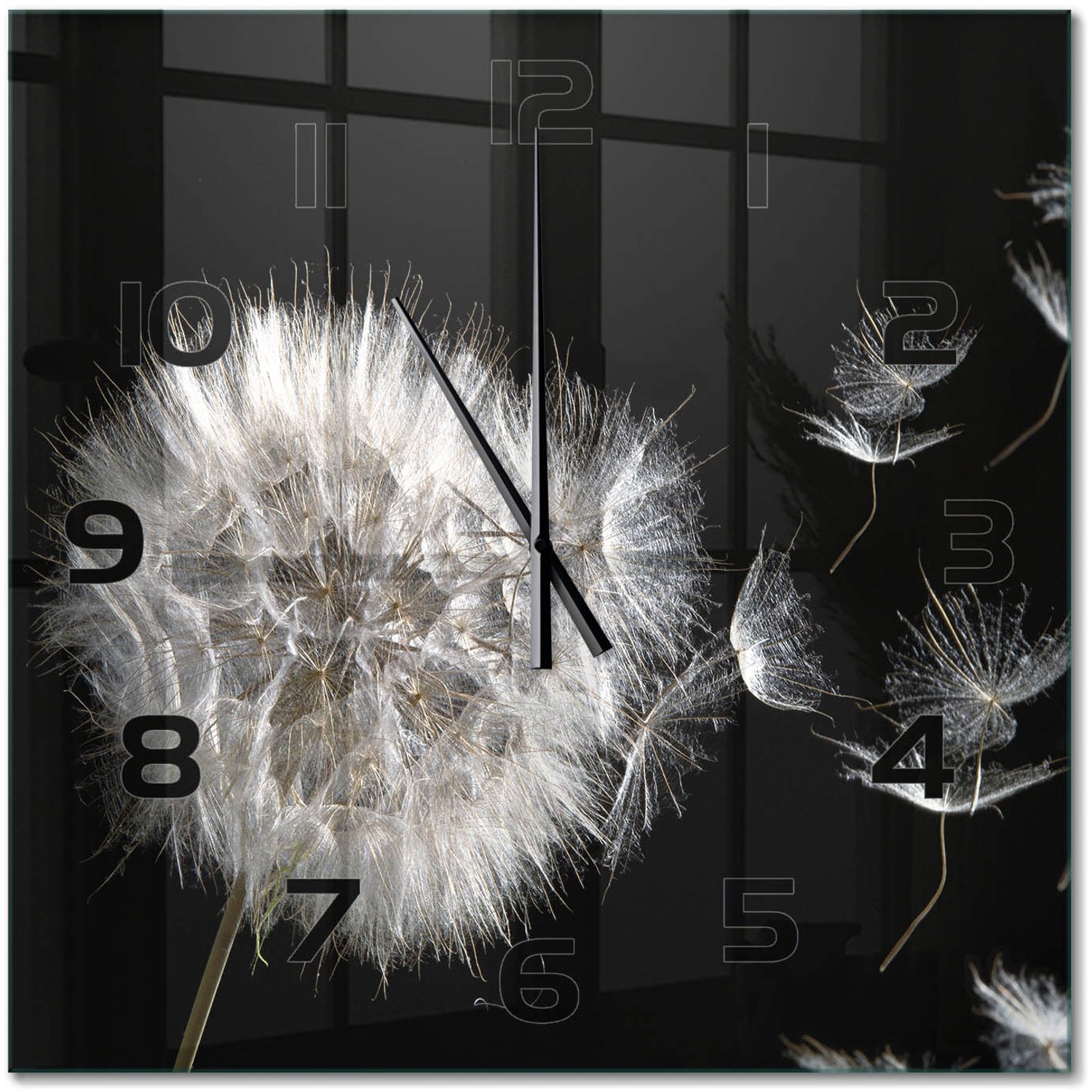 TULUP Wandklok - Paardebloem Glazen Wandklok Design - 60x60 cm - Zwart Klok Glas Met Opdruk - Zwarte handen - Vierkante Klok - Wandklok Glas Met Motief - Decoratieve Glazen Klok