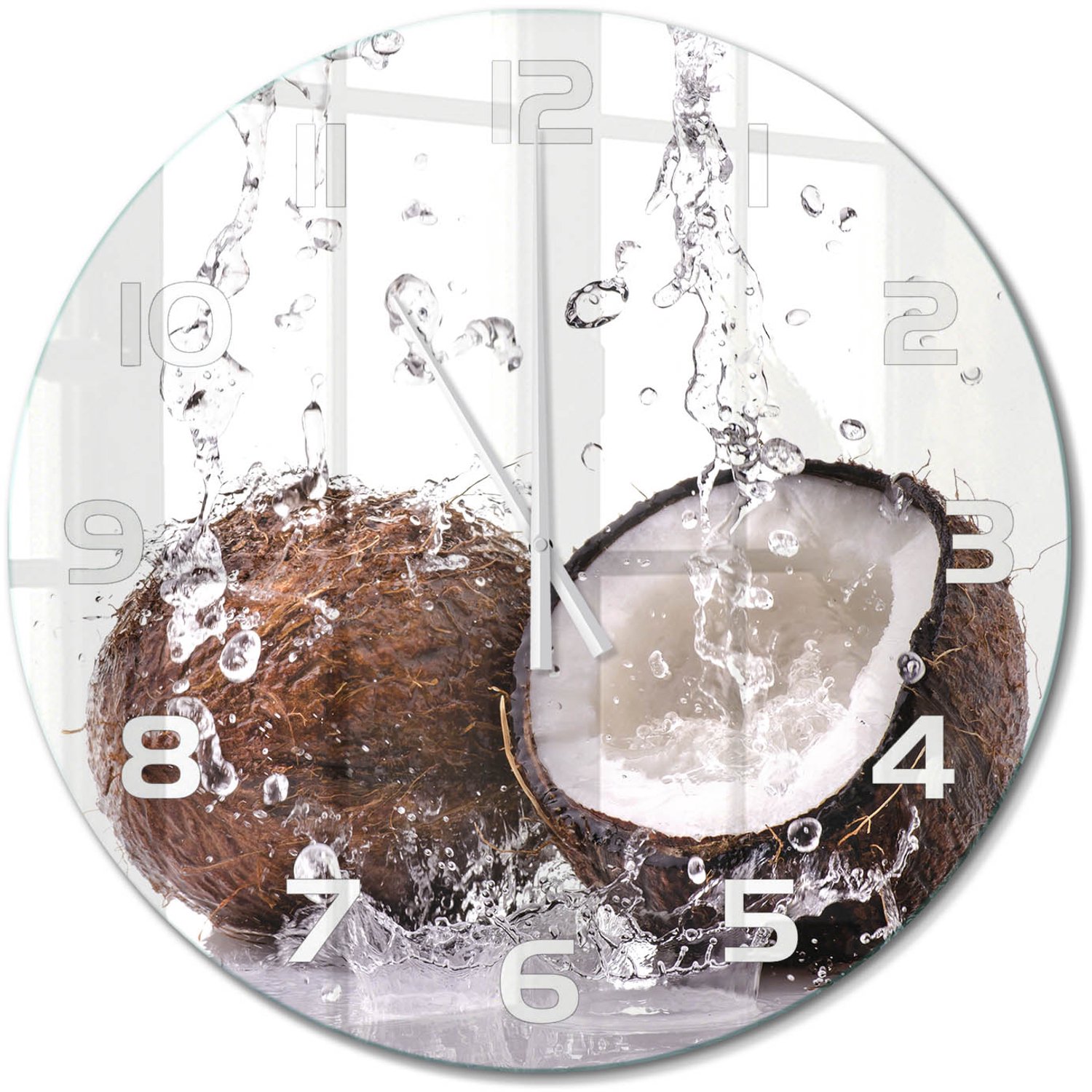 TULUP Wandklok - Kokosnoot en water Glazen Wandklok Design - fi60 cm - Bruin Klok Glas Met Opdruk - Witte handen - Ronde Klok - Wandklok Glas Met Motief - Decoratieve Glazen Klok