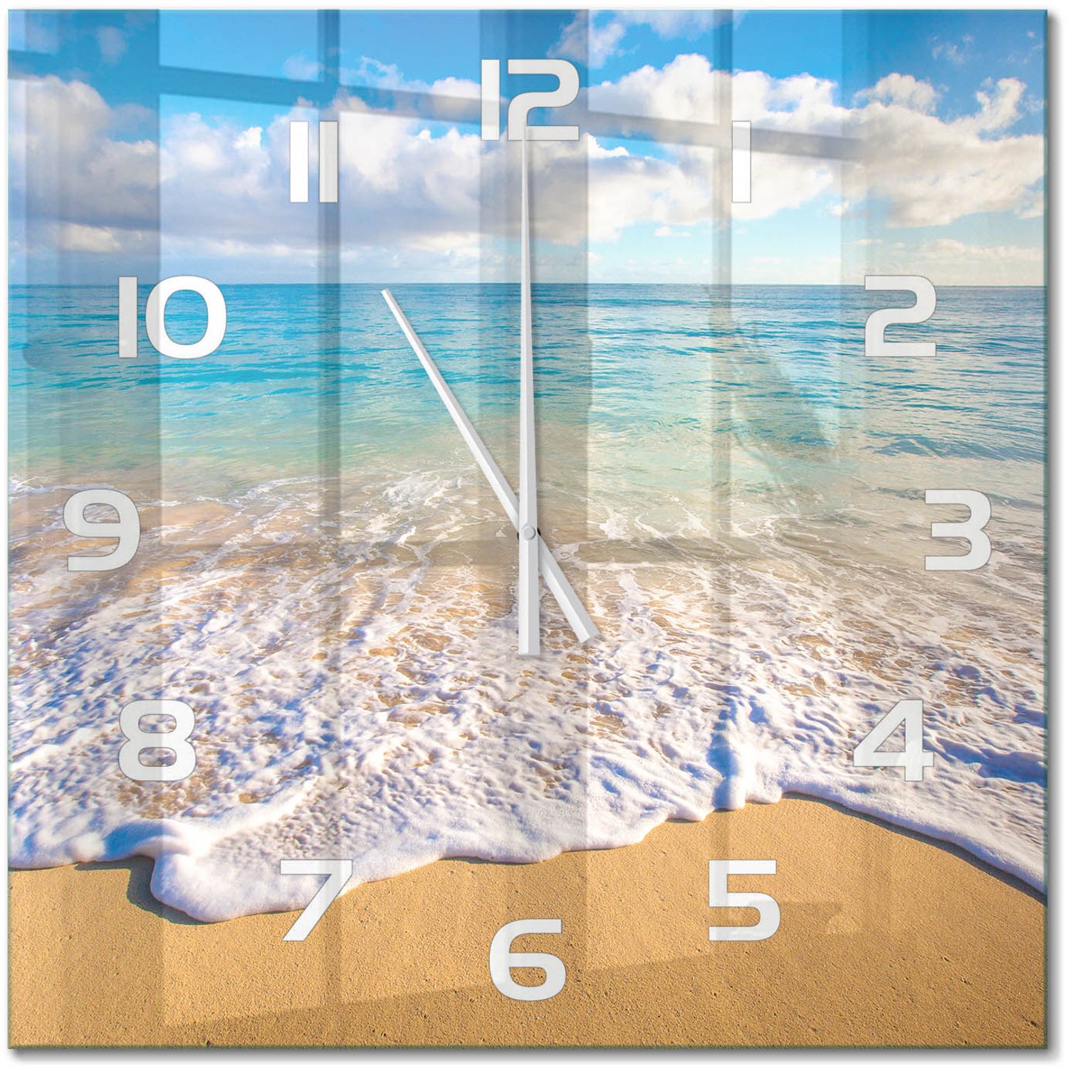 TULUP Wandklok - Hawaiiaans strand Decoratieve Glazen Klok - 60x60 cm - Blauw Glazen Wandklok Design - Witte handen - Vierkante Klok - Glazen Klok Met Print - Wandklok Glas Met Motief