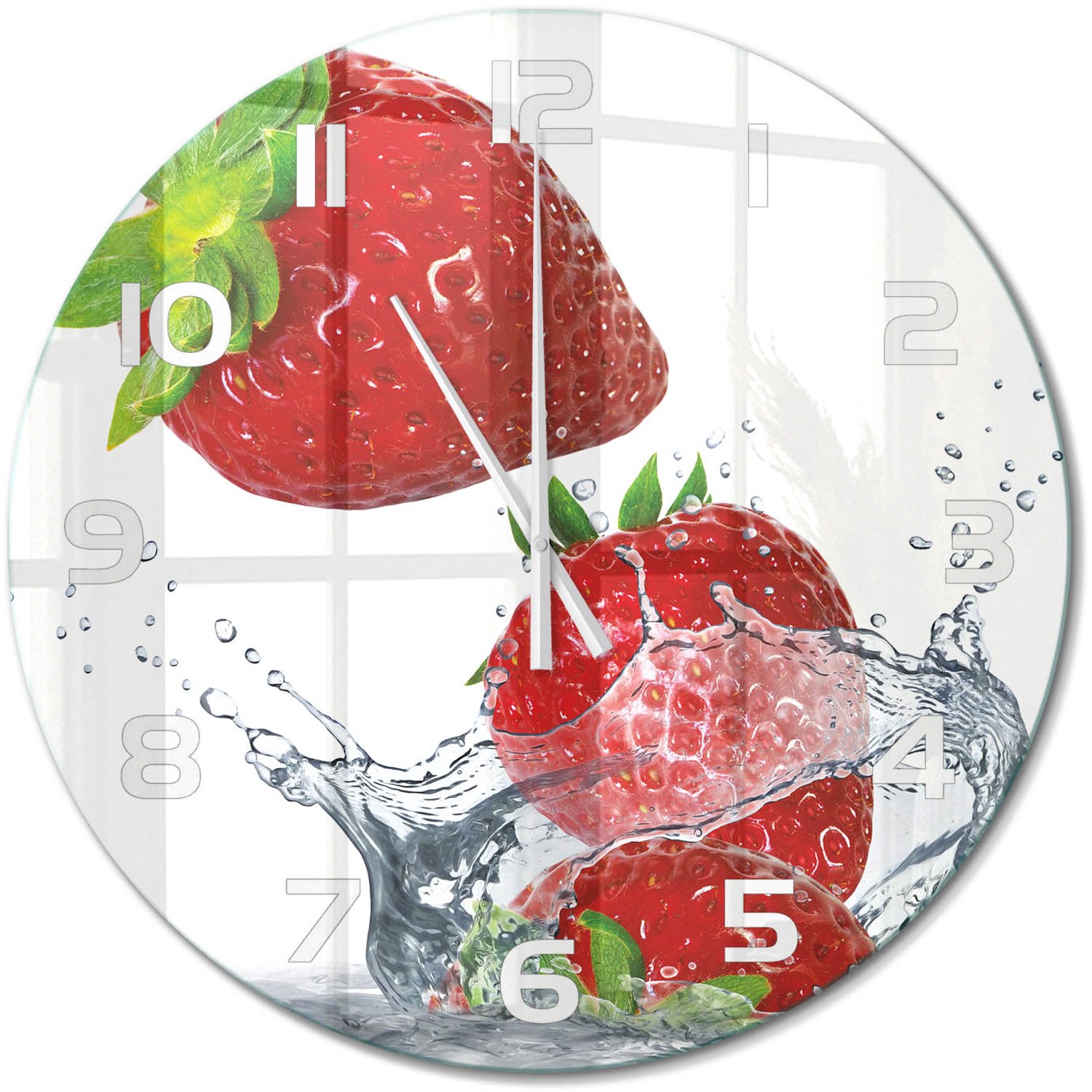 TULUP Wandklok - Aardbeien en water Klok Glas Met Opdruk - fi60 cm - Rood Moderne Wandklok Glas - Witte handen - Ronde Klok - Decoratieve Glazen Klok - Glazen Wandklok Design