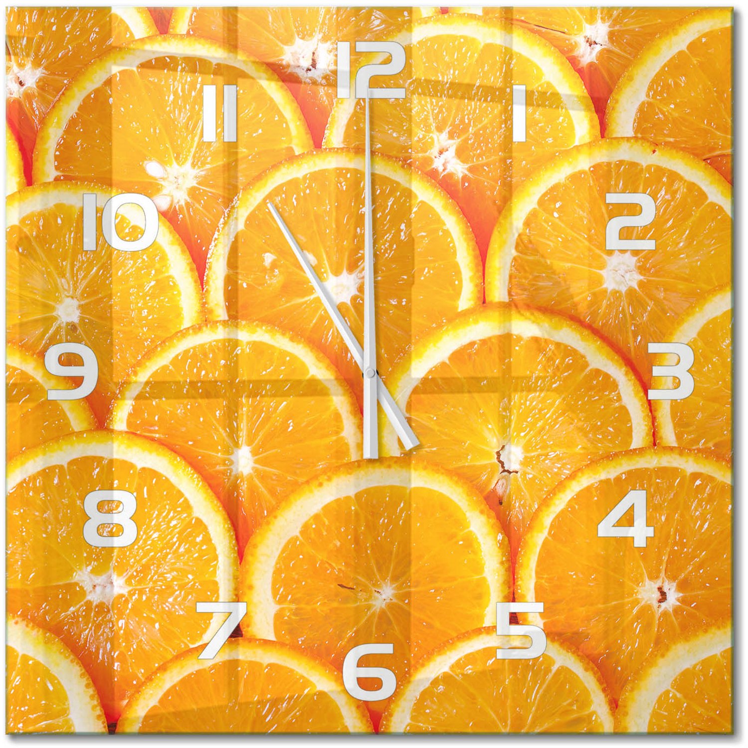 TULUP Wandklok - Sinaasappelschijfjes Wandklok Glas Met Motief - 60x60 cm - Oranje Decoratieve Glazen Klok - Witte handen - Vierkante Klok - Gekleurde Glazen Klok - Glazen Klok Met Print