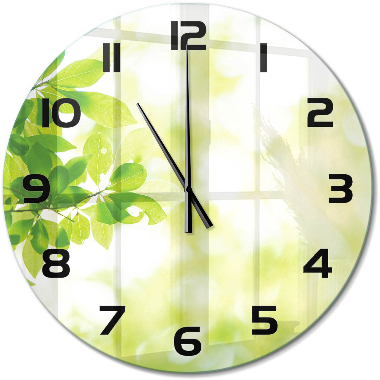 TULUP Wandklok - Bladeren Wandklok Glas Met Motief - fi60 cm - Groente Decoratieve Glazen Klok - Zwarte handen - Ronde Klok - Gekleurde Glazen Klok - Glazen Klok Met Print