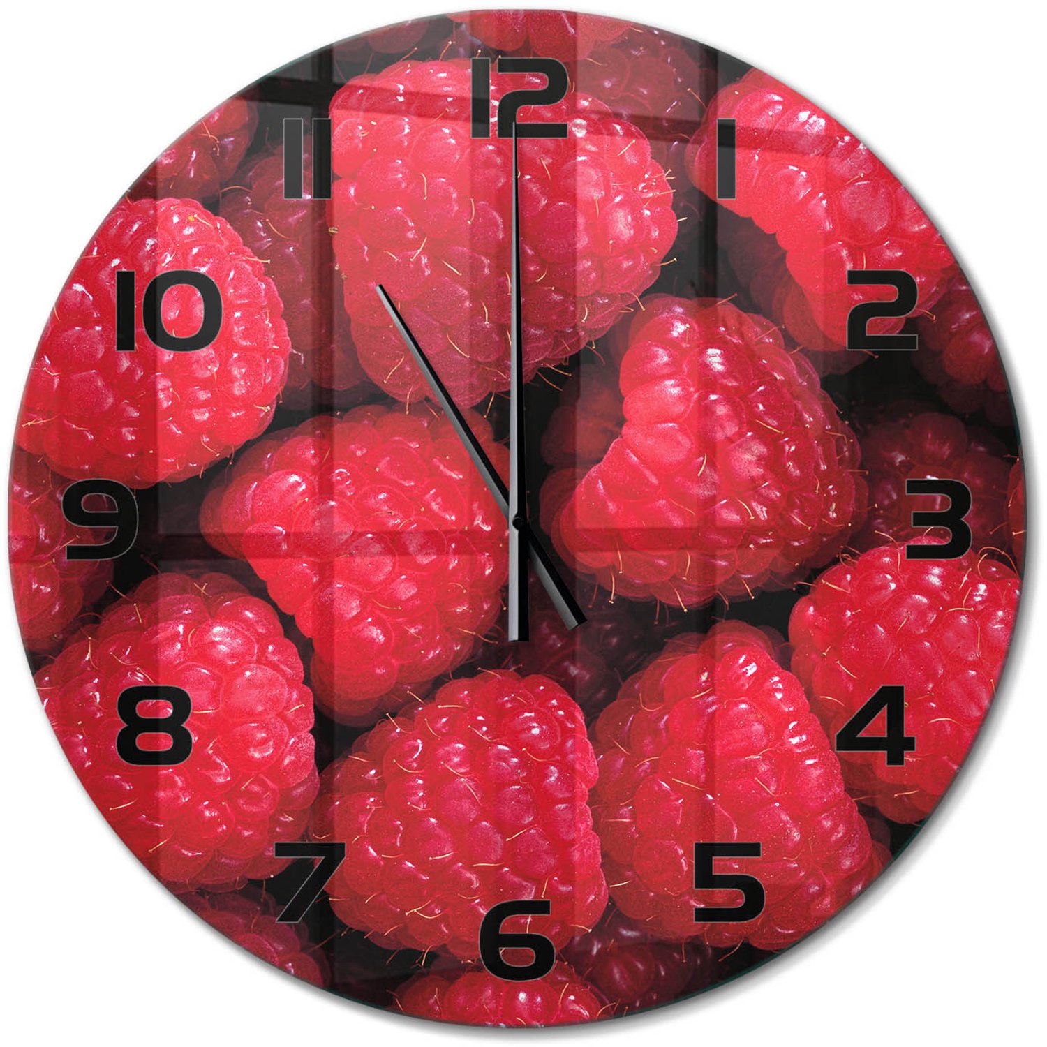 TULUP Wandklok - Frambozen Gekleurde Glazen Klok - fi60 cm - Rood Glazen Klok Met Print - Zwarte handen - Ronde Klok - Moderne Wandklok Glas - Wandklok Glas Decoratie