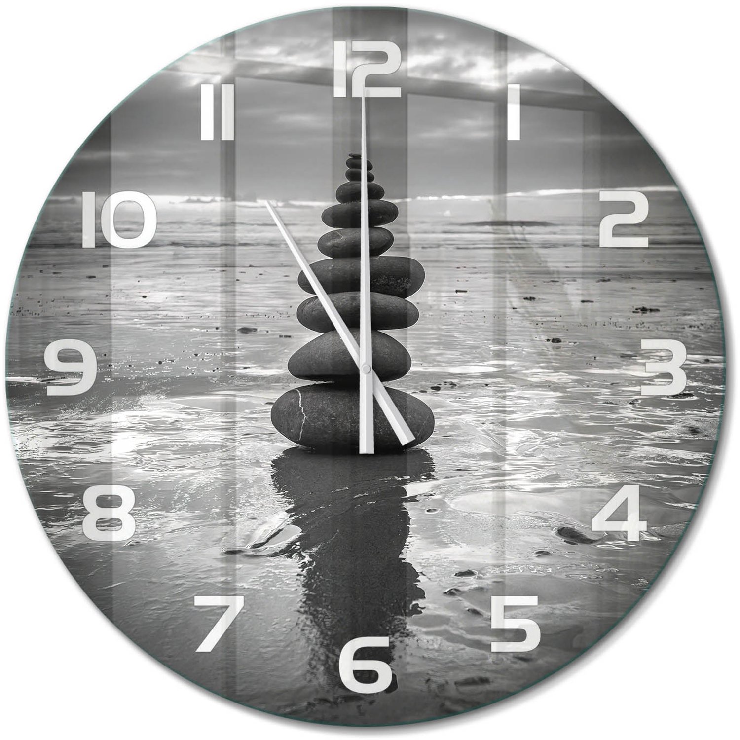 TULUP Wandklok - Balancerende stenen Glazen Wandklok Design - fi60 cm - Zwart-wit Klok Glas Met Opdruk - Witte handen - Ronde Klok - Wandklok Glas Met Motief - Decoratieve Glazen Klok