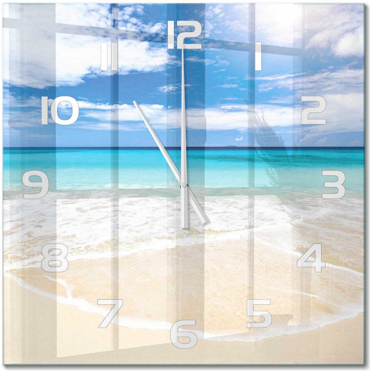TULUP Wandklok - Tropisch strand Wandklok Glas Decoratie - 60x60 cm - Blauw Gekleurde Glazen Klok - Witte handen - Vierkante Klok - Klok Glas Met Opdruk - Moderne Wandklok Glas
