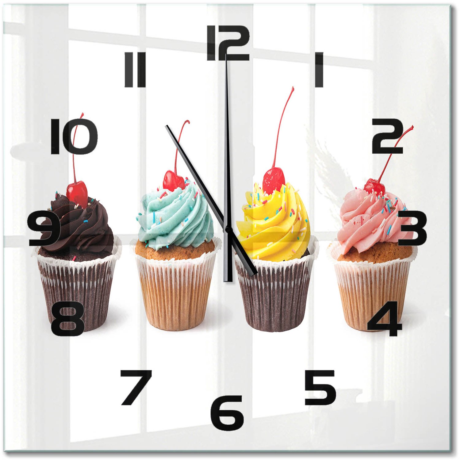TULUP Wandklok - Muffins Glazen Wandklok Design - 60x60 cm - Veelkleurig Klok Glas Met Opdruk - Zwarte handen - Vierkante Klok - Wandklok Glas Met Motief - Decoratieve Glazen Klok