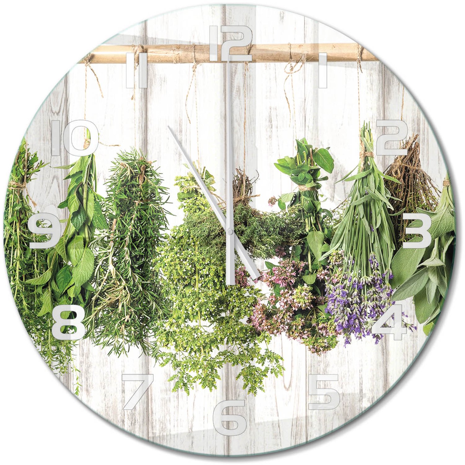 TULUP Wandklok - Kruiden aan een touwtje Klok Glas Met Opdruk - fi60 cm - Groente Moderne Wandklok Glas - Witte handen - Ronde Klok - Decoratieve Glazen Klok - Glazen Wandklok Design