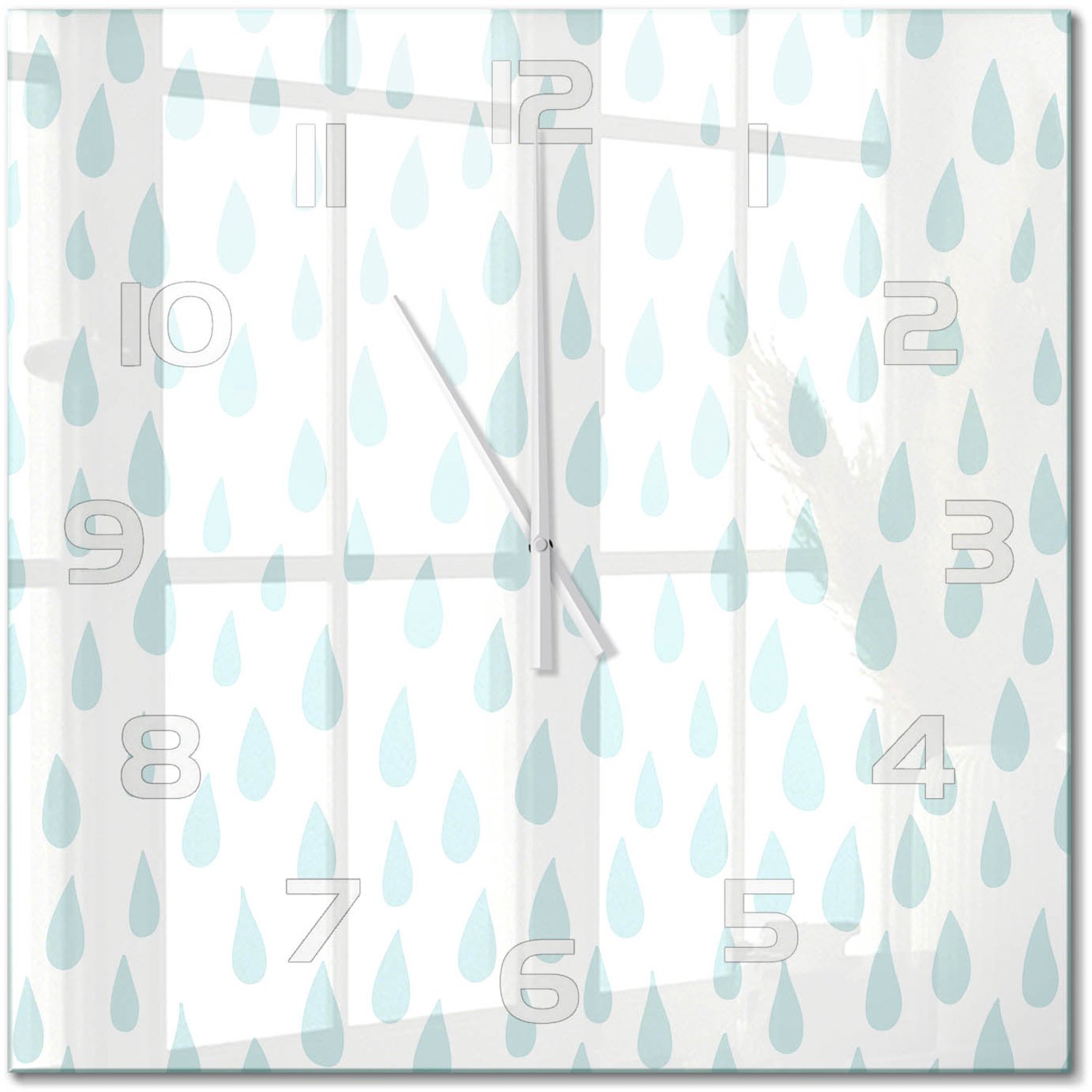 TULUP Wandklok - Druppel Glazen Wandklok Design - 60x60 cm - Blauw Klok Glas Met Opdruk - Witte handen - Vierkante Klok - Wandklok Glas Met Motief - Decoratieve Glazen Klok