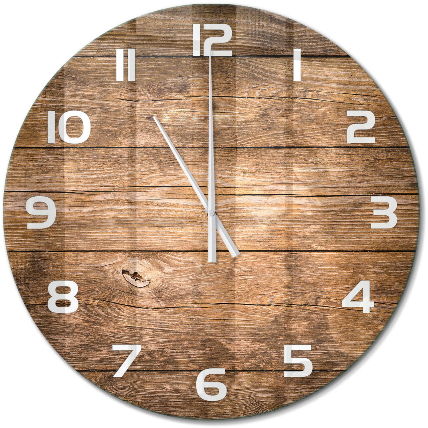 TULUP Wandklok - Houten achtergrond Wandklok Glas Decoratie - fi60 cm - Bruin Gekleurde Glazen Klok - Witte handen - Ronde Klok - Klok Glas Met Opdruk - Moderne Wandklok Glas