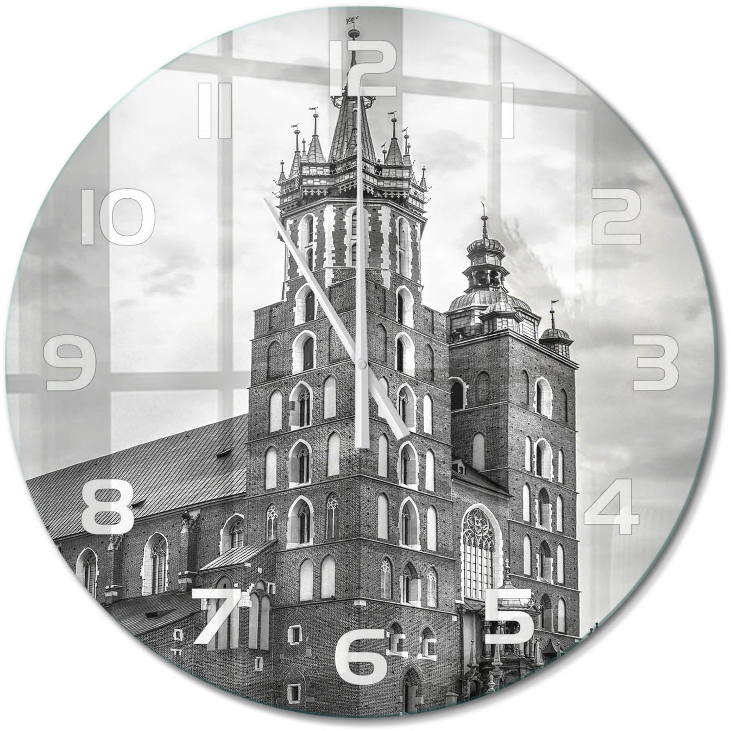 TULUP Wandklok - Krakau, Polen Klok Glas Met Opdruk - fi60 cm - Zwart-wit Moderne Wandklok Glas - Witte handen - Ronde Klok - Decoratieve Glazen Klok - Glazen Wandklok Design