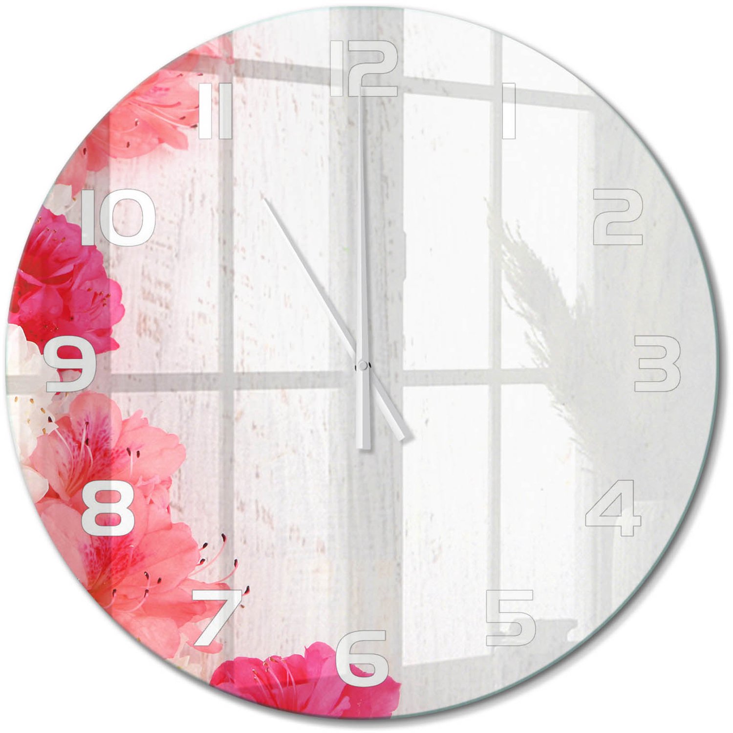 TULUP Wandklok - Bloemen Moderne Wandklok Glas - fi60 cm - Roze Wandklok Glas Decoratie - Witte handen - Ronde Klok - Glazen Wandklok Design - Klok Glas Met Opdruk