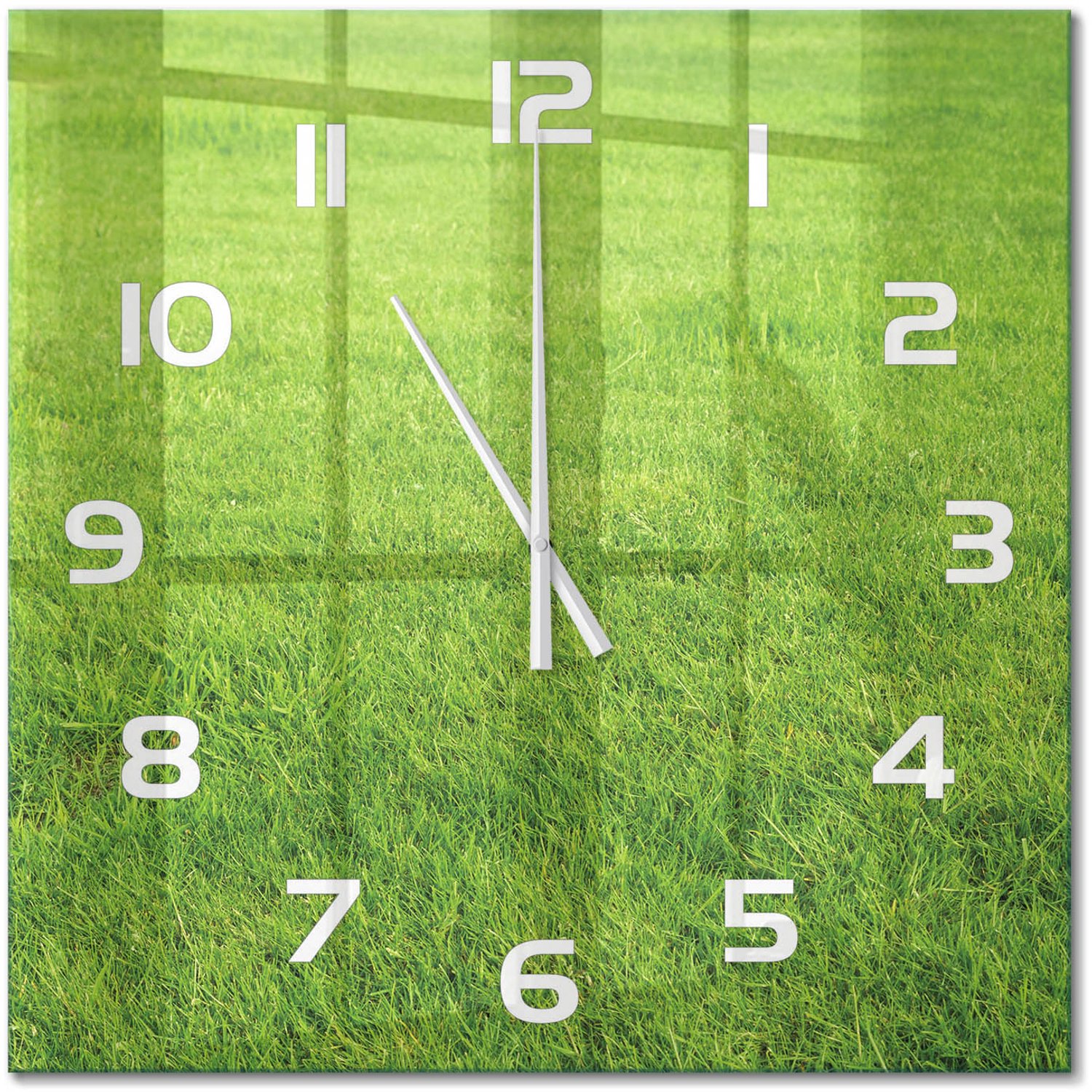 TULUP Wandklok - Groen gras Glazen Klok Met Print - 60x60 cm - Groente Wandklok Glas Met Motief - Witte handen - Vierkante Klok - Wandklok Glas Decoratie - Gekleurde Glazen Klok