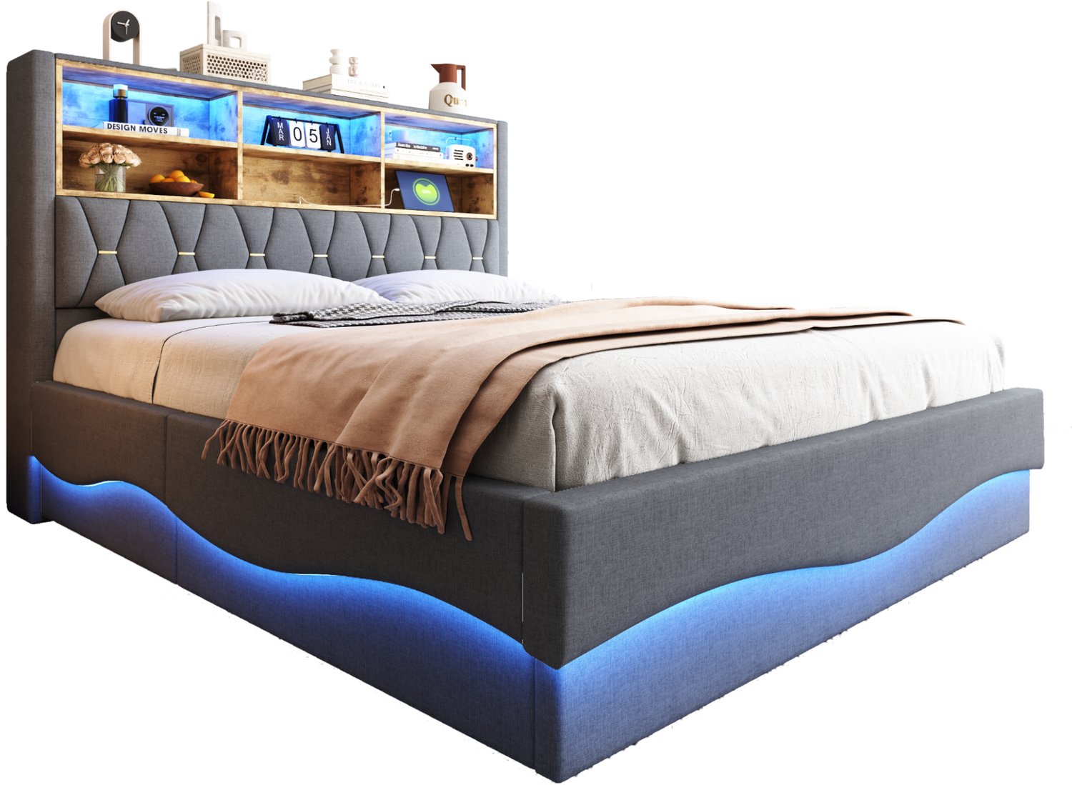 MUVANO Gestoffeerd bed 180 x 200 cm - bed met hydraulische opbergruimte - app-bedienbare LED-verlichting - metalen lattenbodem - grijze linnen bekleding Grijs