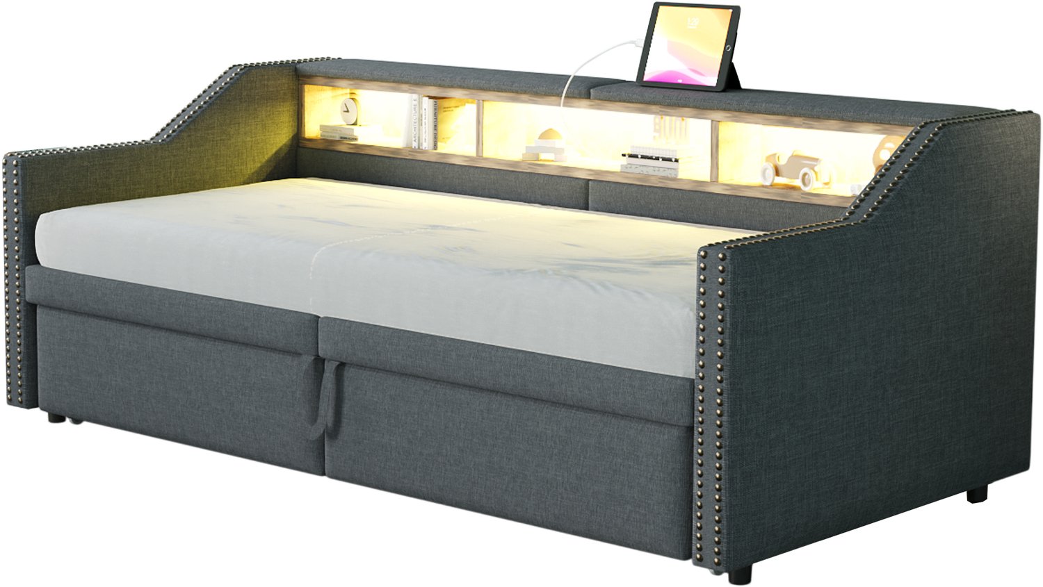MUVANO Uitschuifbare bedbank van 90x200 naar 180x200 cm - donkergrijze gestoffeerde slaapbank met linnen bekleding, ledverlichting, USB-aansluiting en lattenbodem Donkergrijs