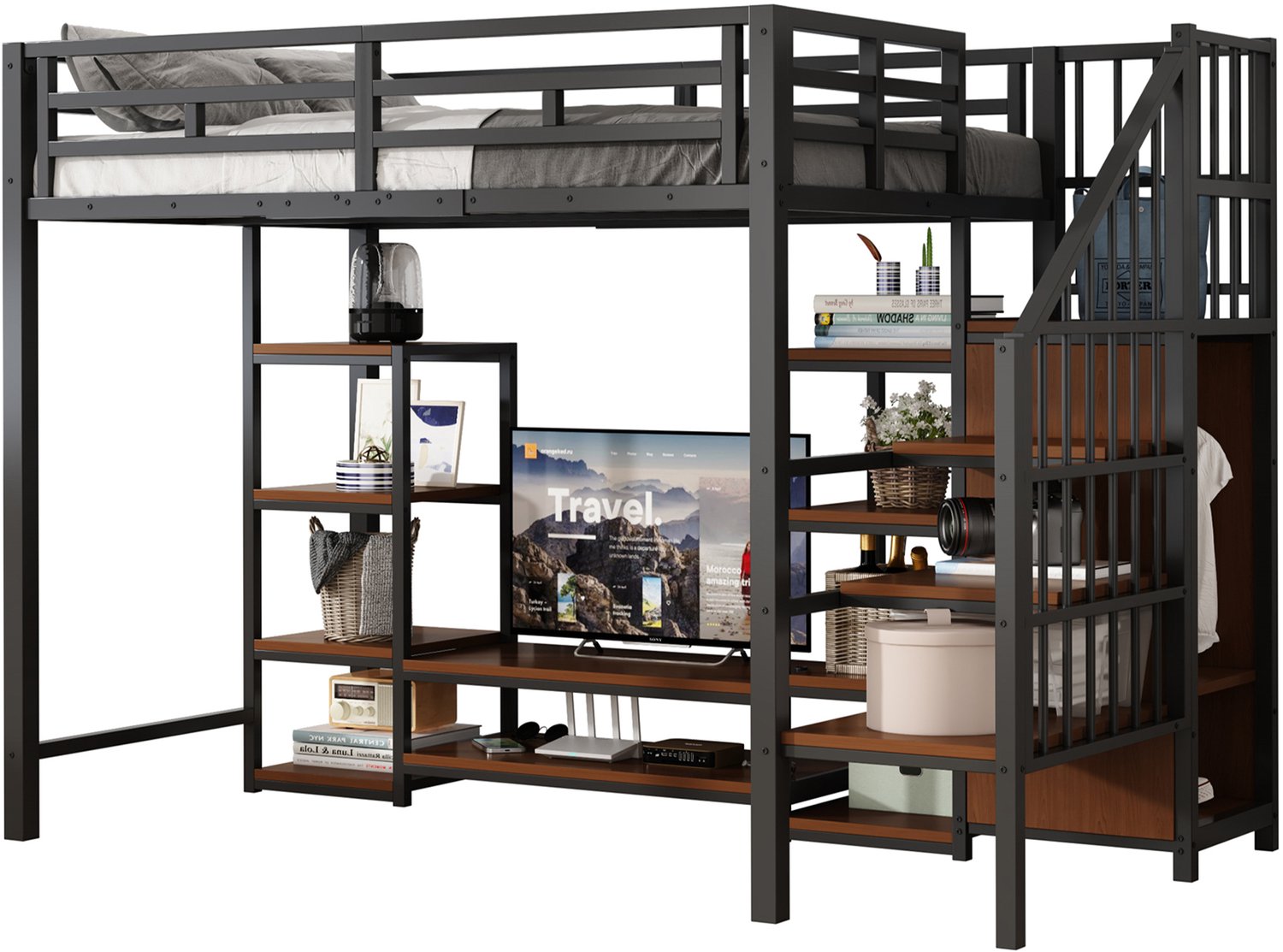 MUVANO Hoogslaper 90x200 met tv-meubel en stopcontact - zwarte metalen hoogslaper met houten accenten, veiligheidsladder en opbergruimte voor kleine kamers