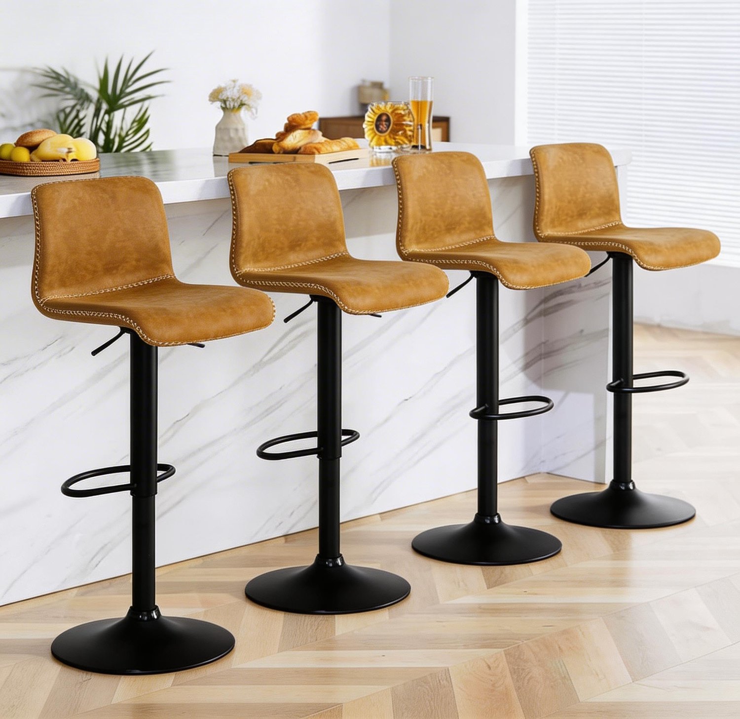 Triumpunpre Barkrukken Set van 4 / Bruine Draaibare Barstoelen - PU Leder met Verstelbare Hoogte (61,5-82,5 cm), Voetsteun & Ergonomische Rugleuning - Voor Keuken, Bar & Eetkamer