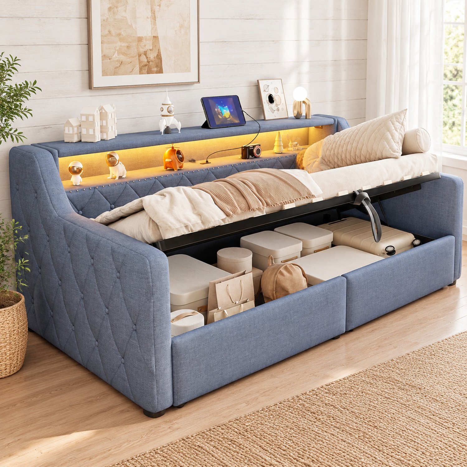 MIVRAY Daybed 90x200 Cm Zonder Matras - Met Hydraulische Opbergruimte En LED Verlichting - Met USB En Type C Aansluitingen - Stof En MDF - Grijs