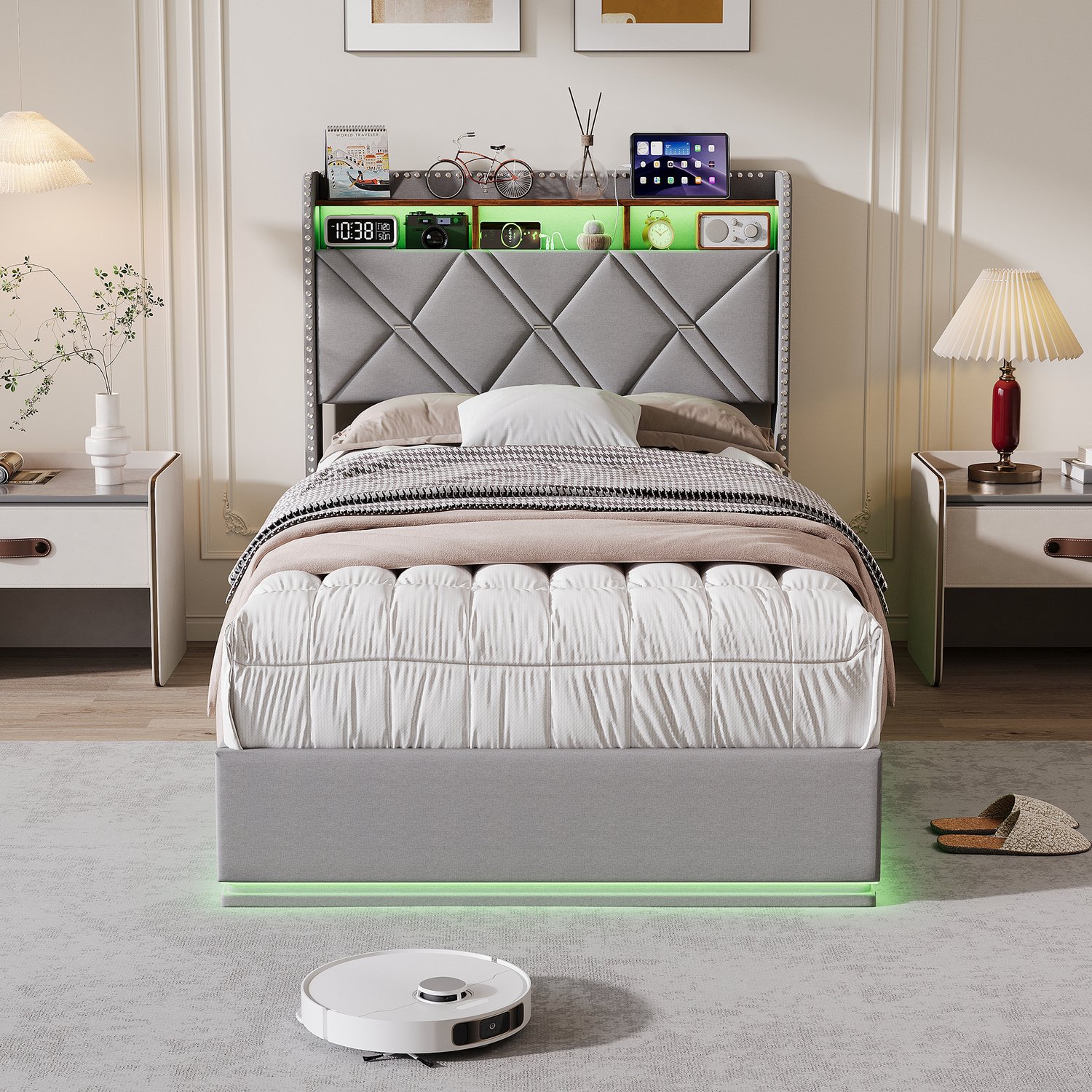 Yelenaro Gestoffeerd Bed 90x200 cm, Hydraulisch opbergbed, Eenpersoonsbed met LED en USB, Bedframe met Lattenbodem, Hoofdbord met opbergruimte, Grijs linnen, Zonder matras