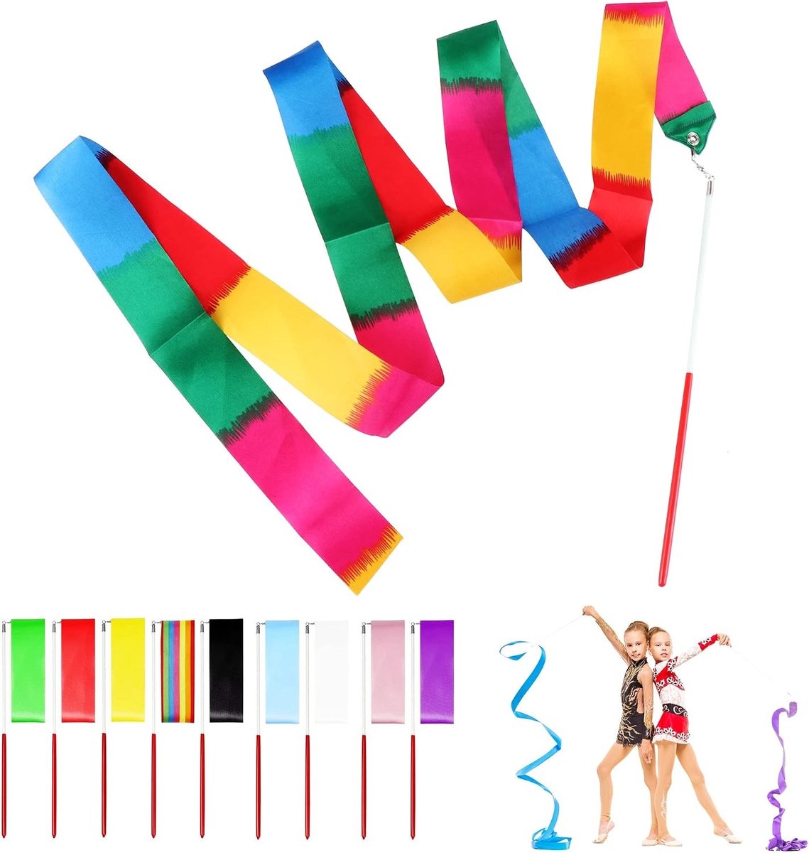 Set van 10 Gymnastiekbanden met Stok, 2m Kleurige Dansbanden voor Gymnastiek en Fitness
