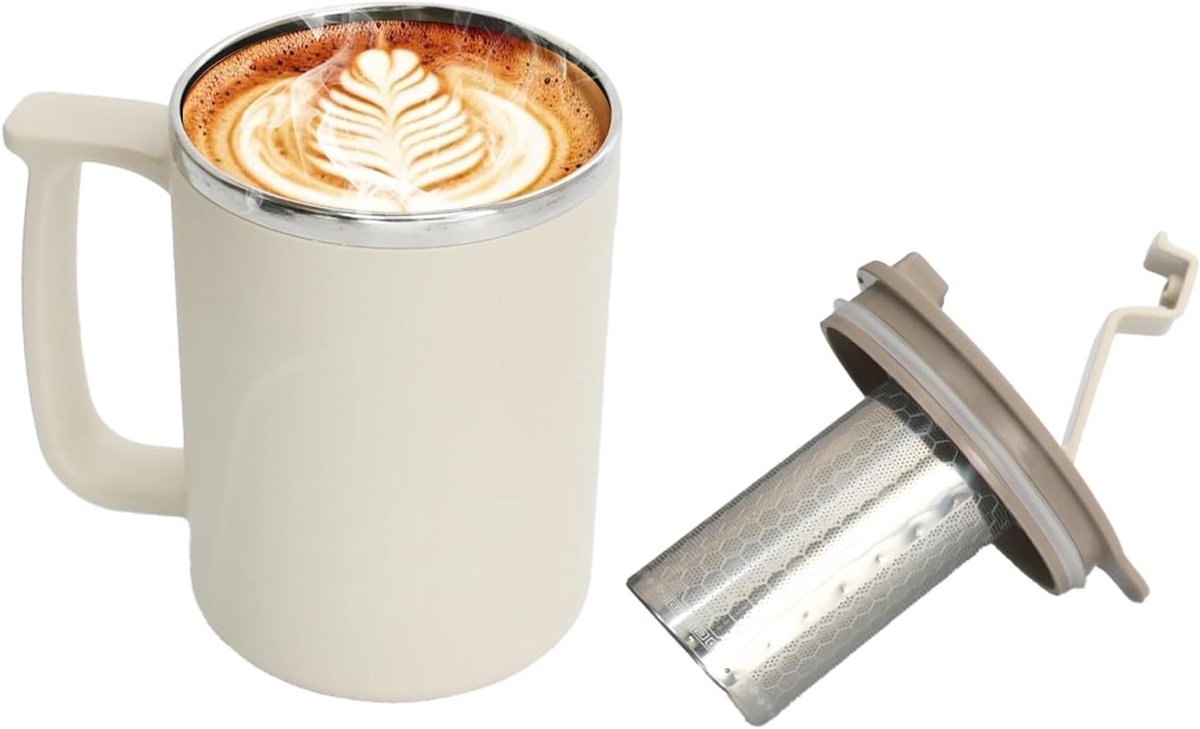 Duurzame RVS Isolerende Koffiemok 500ml met Deksel en Theefilter, Herbruikbare Lekvrije Reisbeker voor Koffie, Thee en Koele Dranken