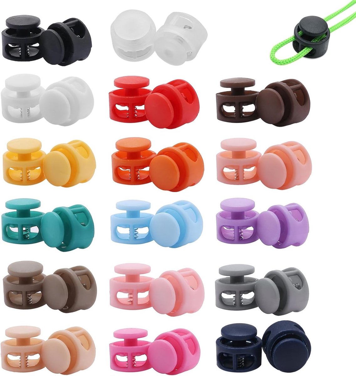 Set van 17 Kleurige Koordstoppers, 2-Gats Sloten voor Koorden, Ideaal voor Tassen, Kleding en Rugzakken