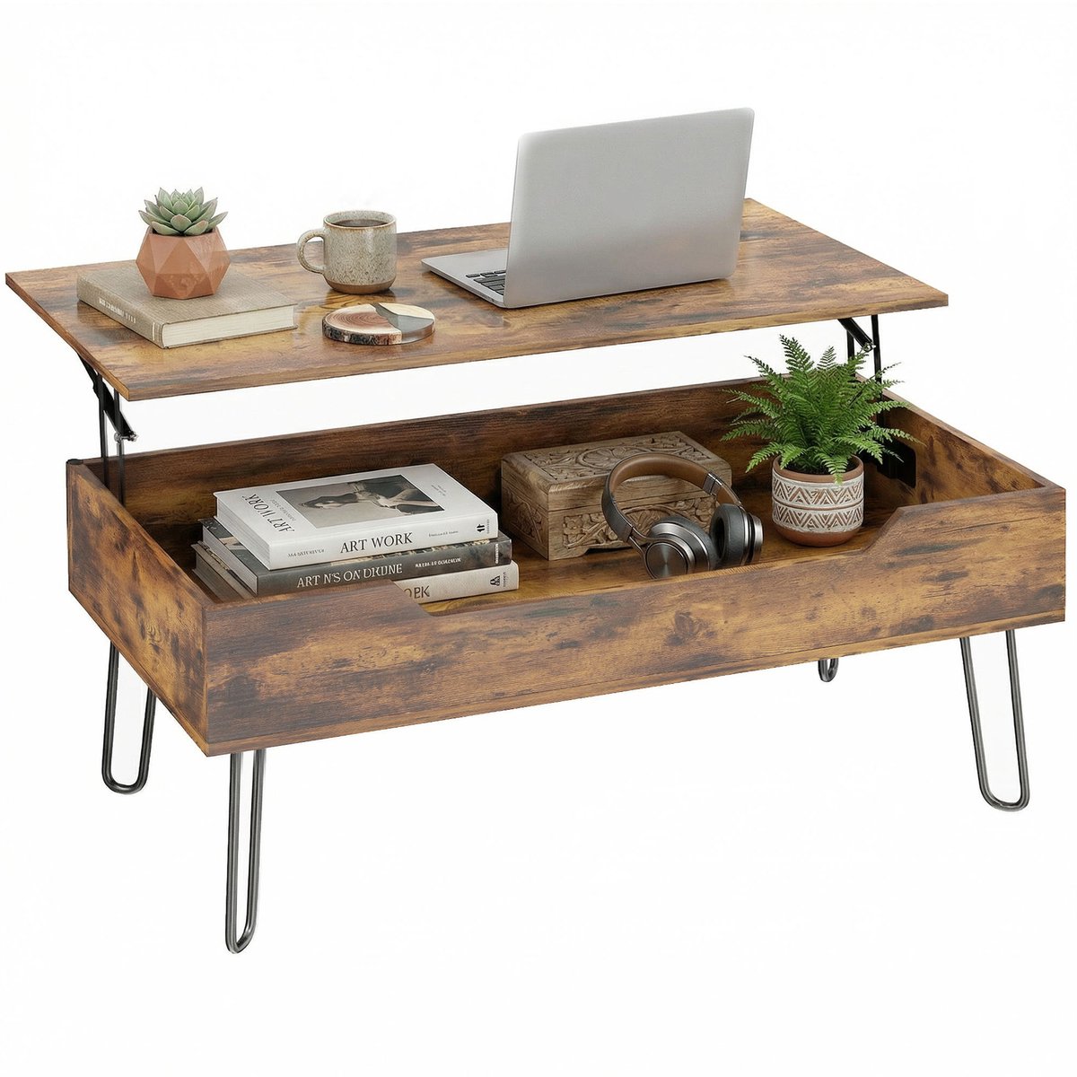 Rechthoekige houten salontafel - met grote verborgen opbergruimte - in hoogte verstelbaar - 95 x 50 x 40 cm - rustiek bruin