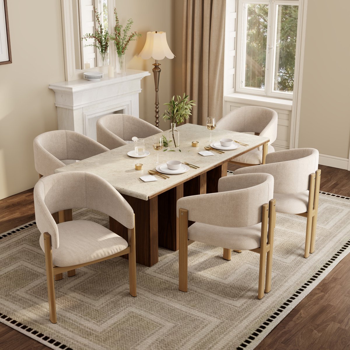 Wishdor Eetkamerstoel set van 6 met armleuningen - Linnen zitting en metalen onderstel met houtlook - Modern design - Eetkamer woonkamer café - Beige - 67,5 x 52,5 x 83 cm