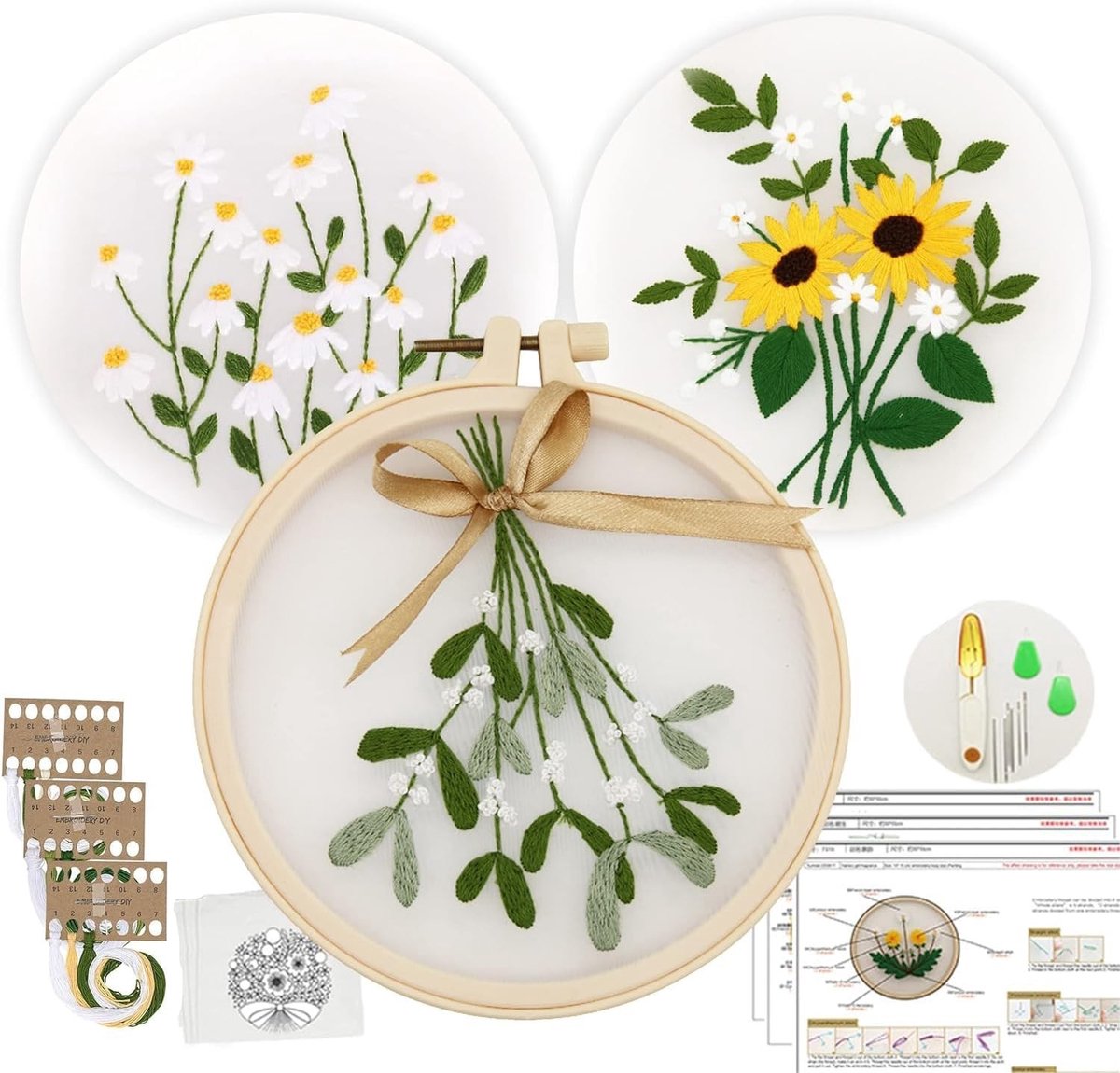 Complete Borduurset voor Beginners - 3-delige Set met Borduurframes, Kleurtools en Kruissteek Kit voor Creatieve DIY Naaiprojecten