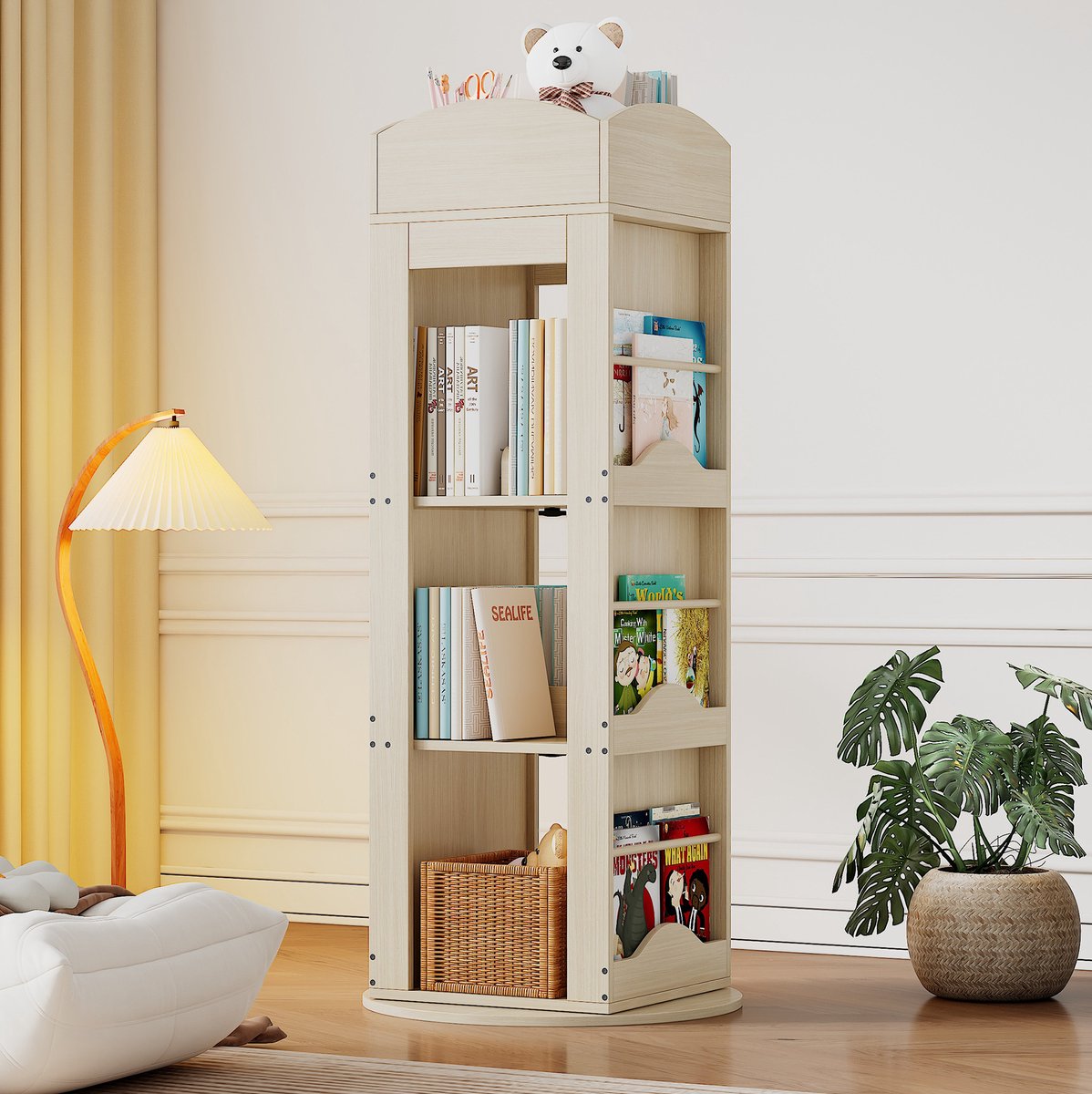 MODFU Draaibare Boekenkast - 360° Draaibaar - Natural - MDF - 142x63x63 Cm