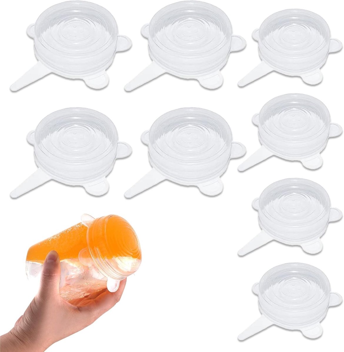 Set van 8 Rekbare Siliconen Deksel voor Kommen, Glazen, Honingpotten en Meer - Transparant, 6.5/9 cm, Ideaal voor Voedselopslag en Versheid