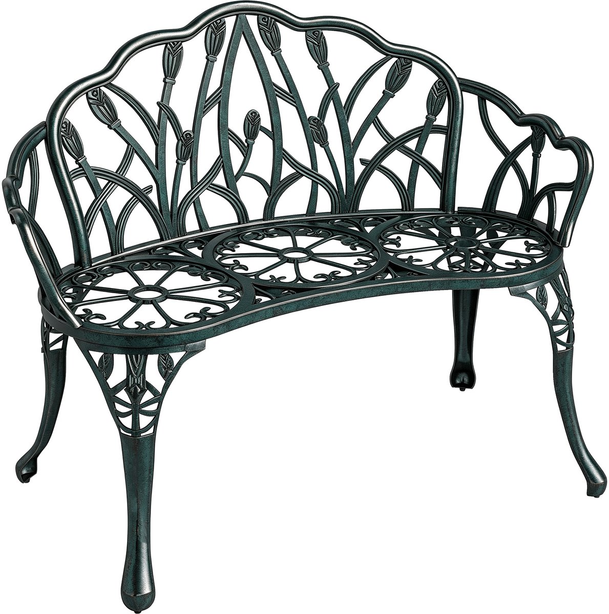Tuinbank van gegoten aluminium - 2 - zits buitenbank met tulpvormige rugleuning en bloemvormige zitting - 99x57x78cm - antiek groen