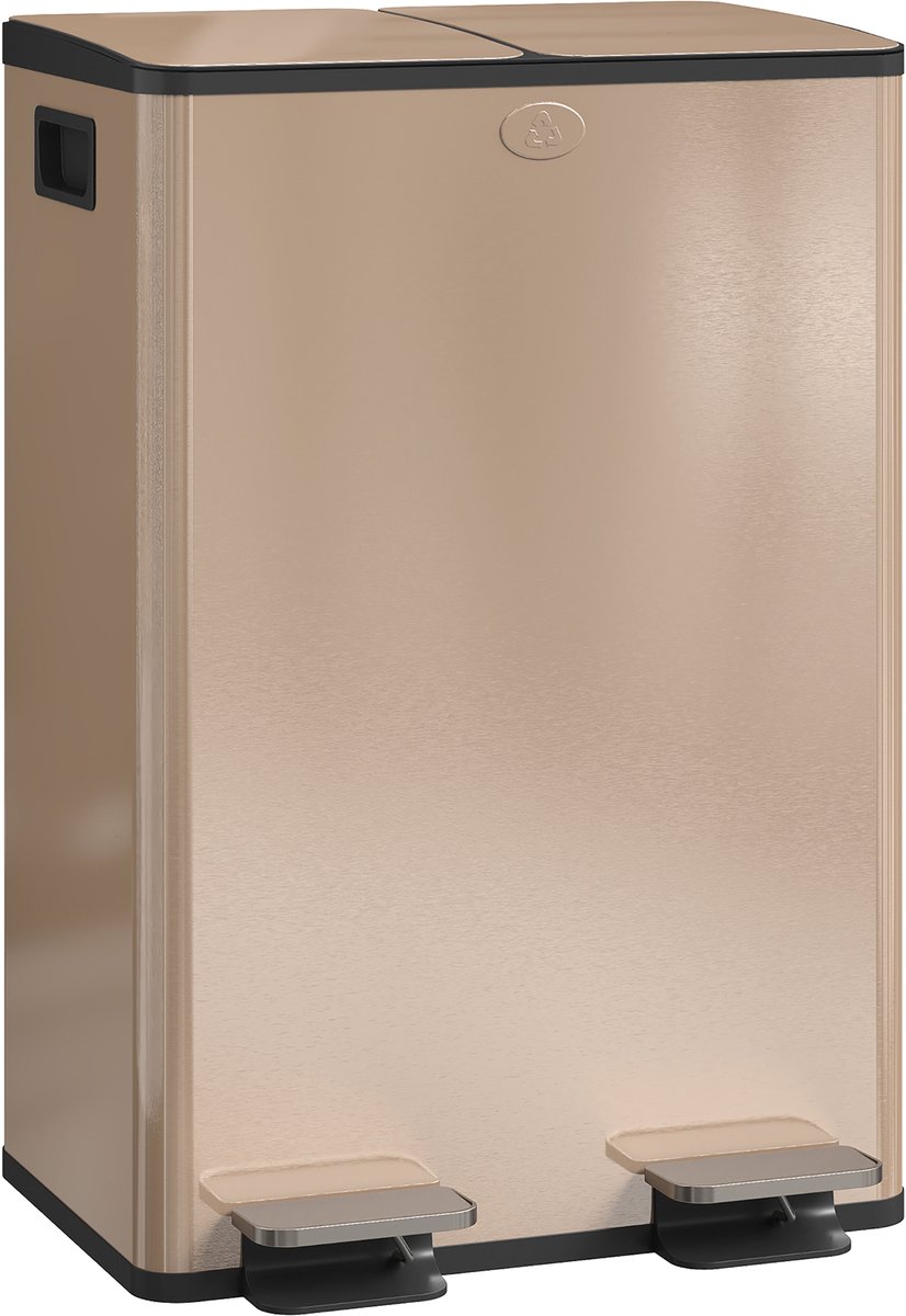 Keukenafvalbak met 2 compartimenten (2 x 28 liter) - roestvrij staal - deksel met softclose - systeem - 45 - 8 x 36 x 67 - 6 cm - goudkleurig