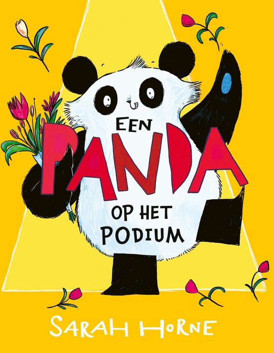 Een panda met een bos bloemen op een podium, met de tekst 'Een panda op het podium' en 'Sarah Horne'.