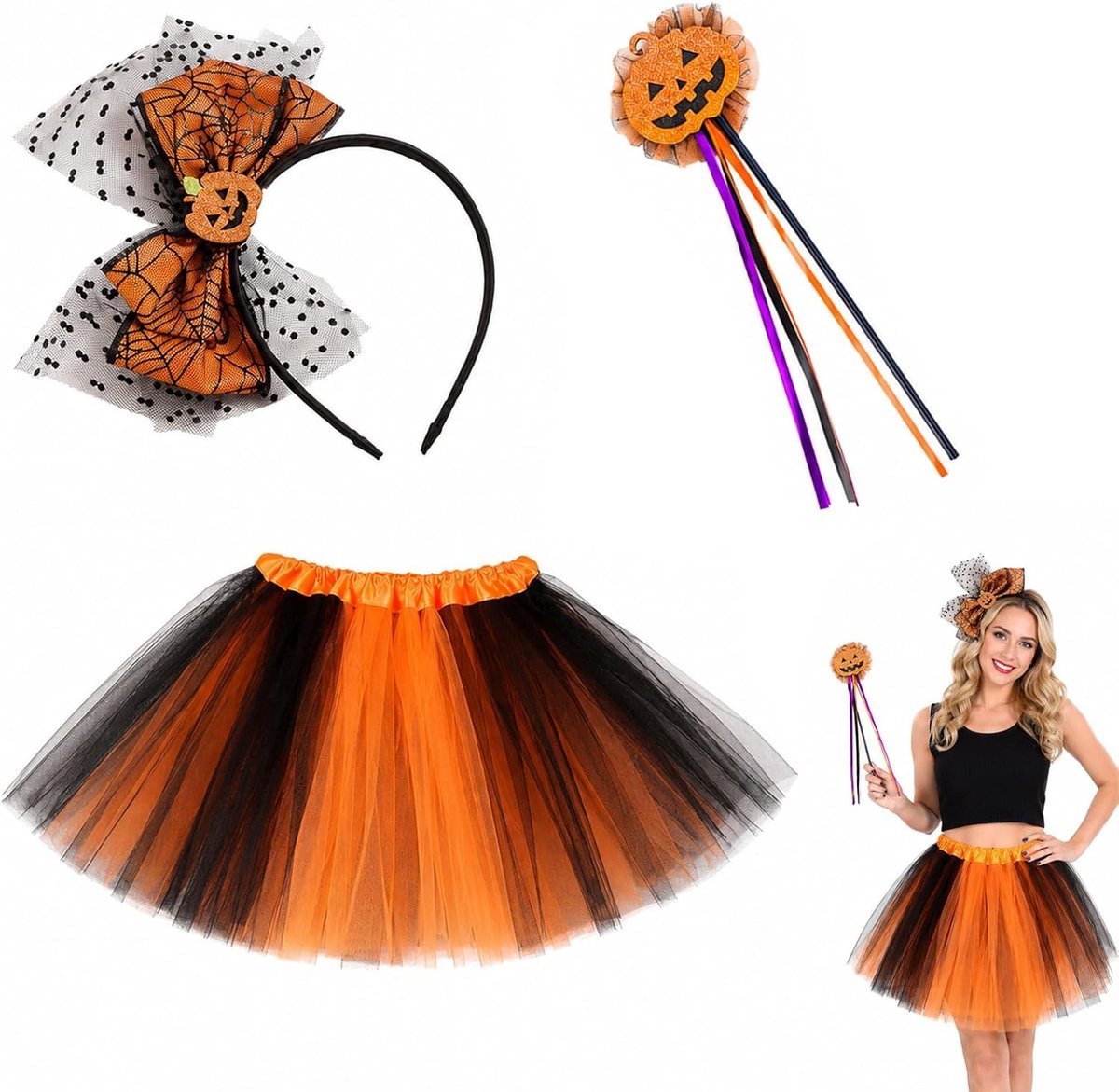 Halloween Kostuums voor Kinderen - Pompoen Kostuum met Hoofdband, Balletrok en Staf - Perfect voor Feestjes en Verkleedpartijen - Maat Aanpasbaar - Oranje/Zwart