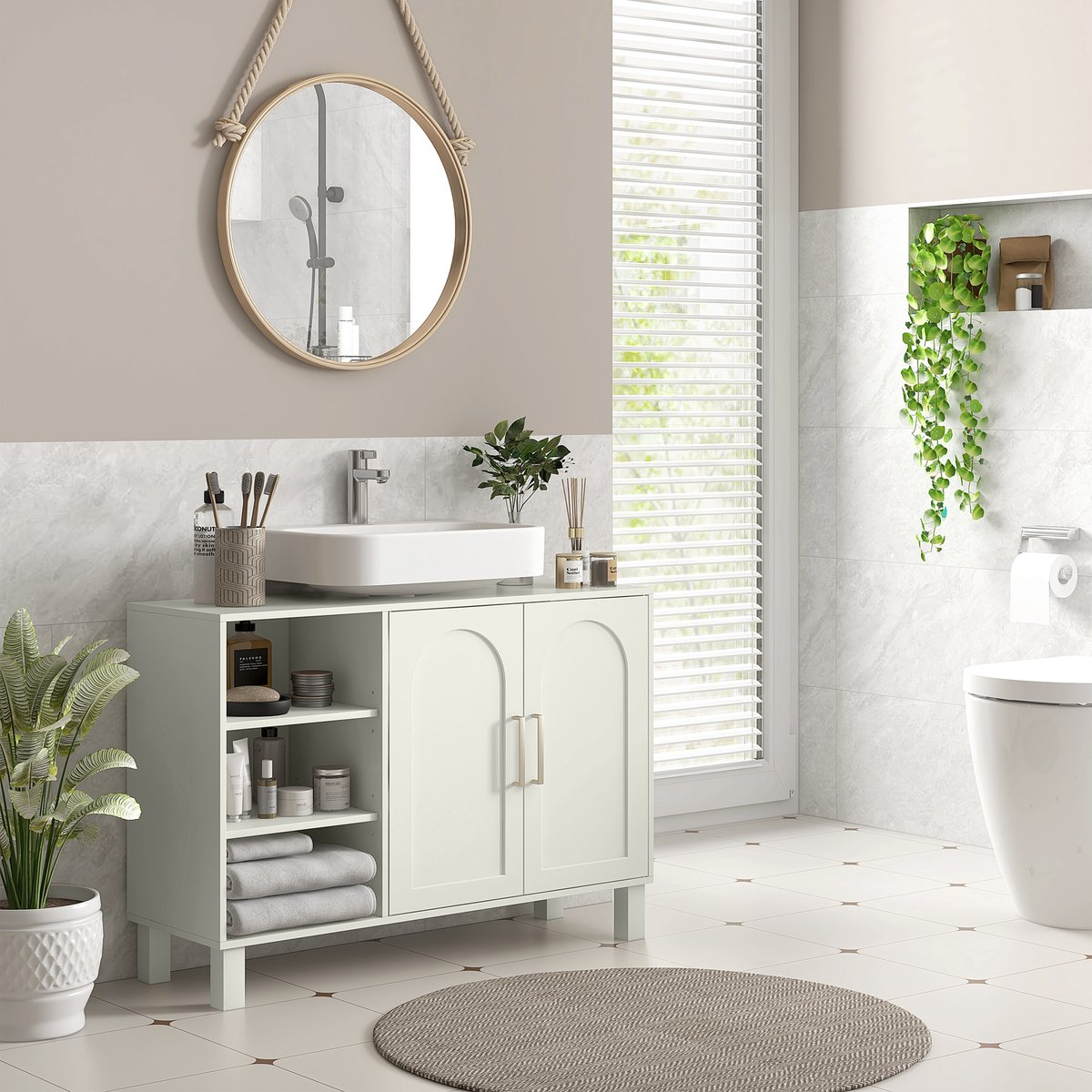 Badkamermeubel met twee kasten en verstelbare planken - 90B x 30D x 63H cm - crème