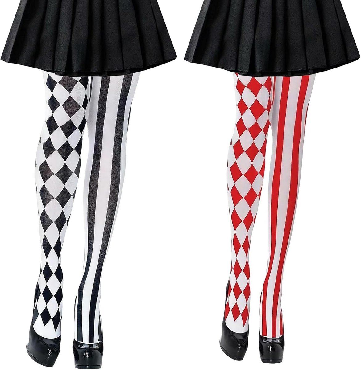 Zwarte en witte clowns tights voor dames, rode clown kousen en skeletprint panty voor carnaval en kostuumfeesten