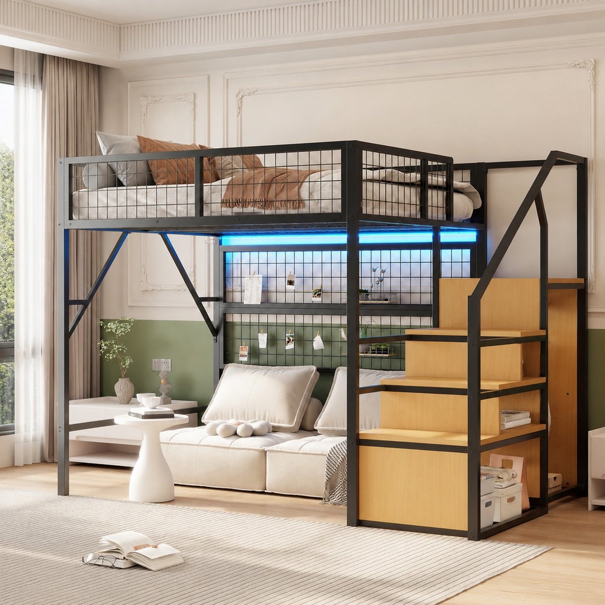 COVREO Hoogslaper met opbergruimte – 140x200 cm – Metaal en MDF met LED – voor kinderen en jongeren – Zwart/Wit - zonder matras