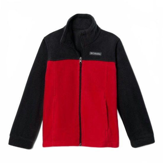 Columbia fleecevest met rits, zwart en rood kleurblokontwerp, opstaande kraag en logo op de borst.