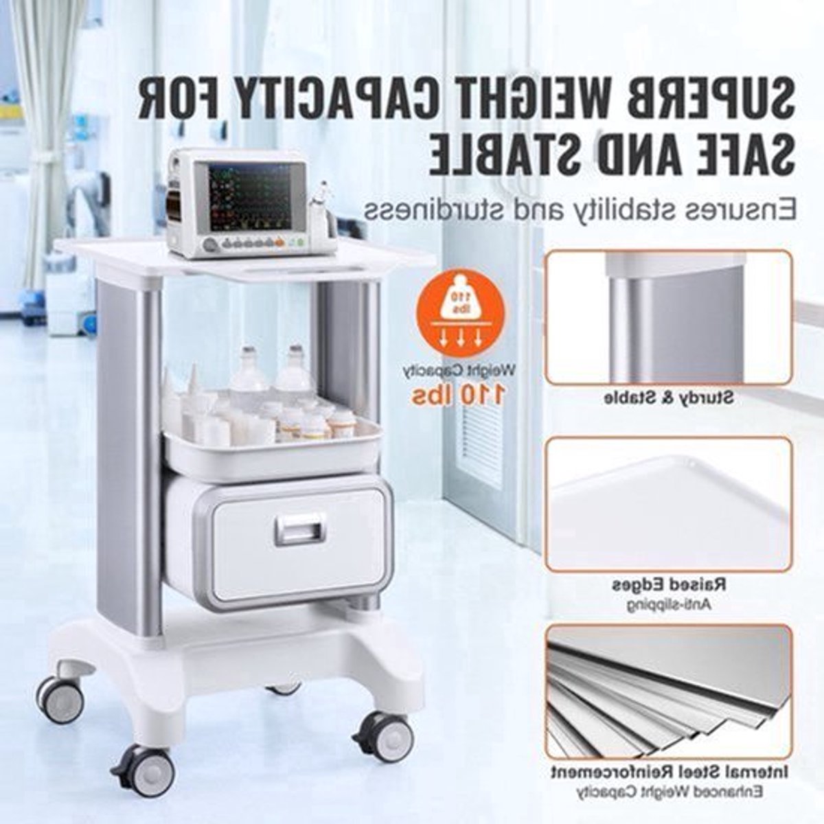 Medische Trolley – Behandelwagen – Lab Trolley – Opbergwagen – Verrijdbare Wagen – Hoogwaardig ABS Materiaal – 2 Niveaus Met Lade – 4 Stille Wielen – Wit