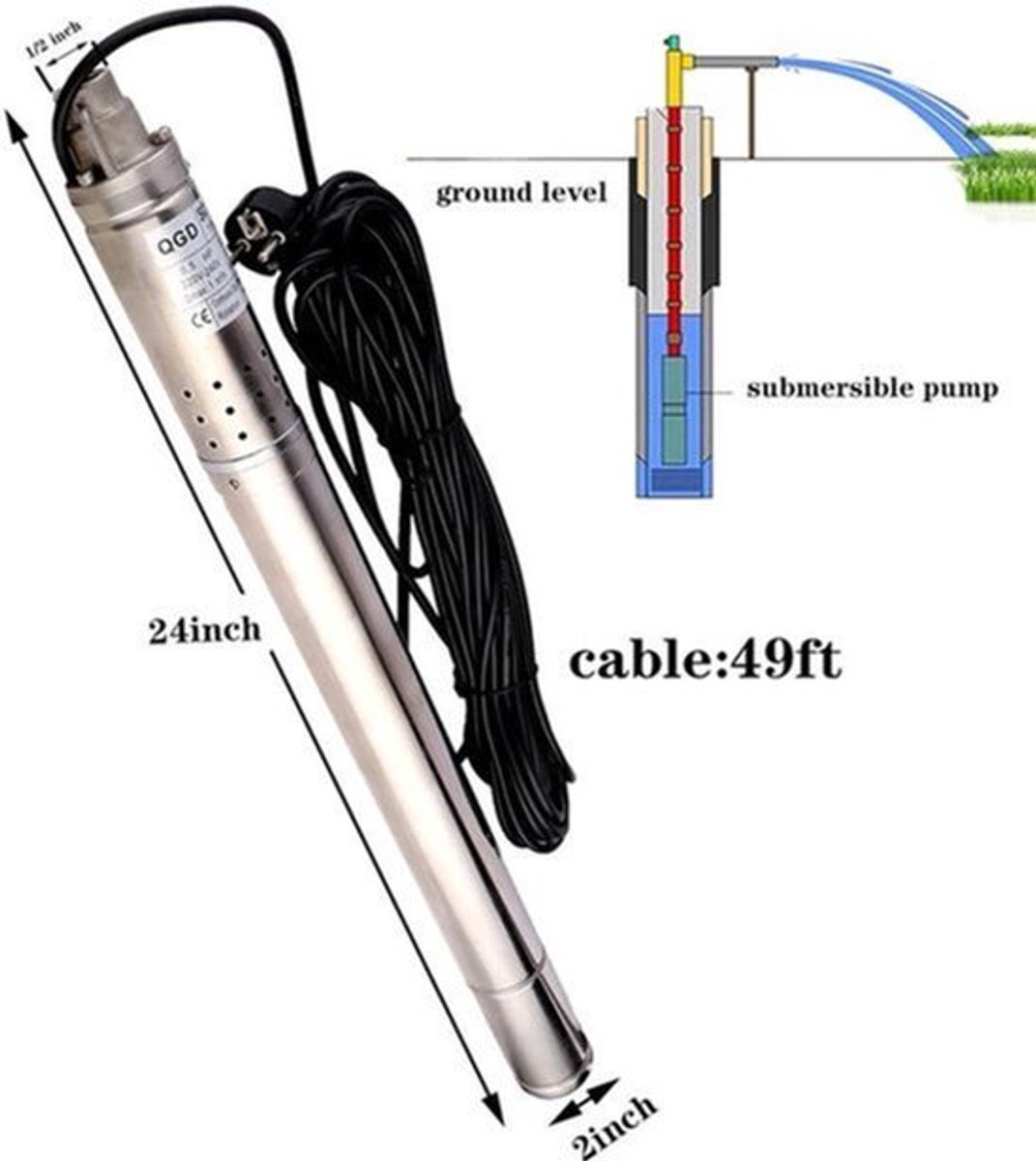 Diepwaterpomp – Dompelpomp – Waterpomp – Putpomp – Boordompel – 370 W Vermogen – Roestvrijstalen Behuizing – 50 Meter Hefhoogte