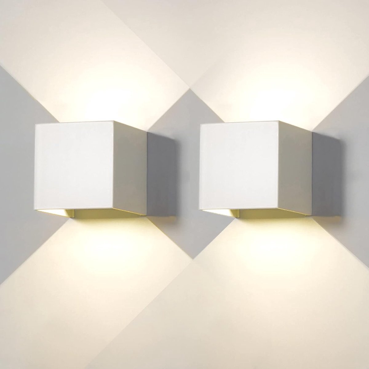 2 stuks buitenwandlampen voor binnen en buiten, wit, 6 W, 4000 K, natuurlijk licht, IP65, waterdicht, vierkante kubuslampen, aluminium, naar boven en beneden verstelbaar, eenvoudig te installeren [Energieklasse F]