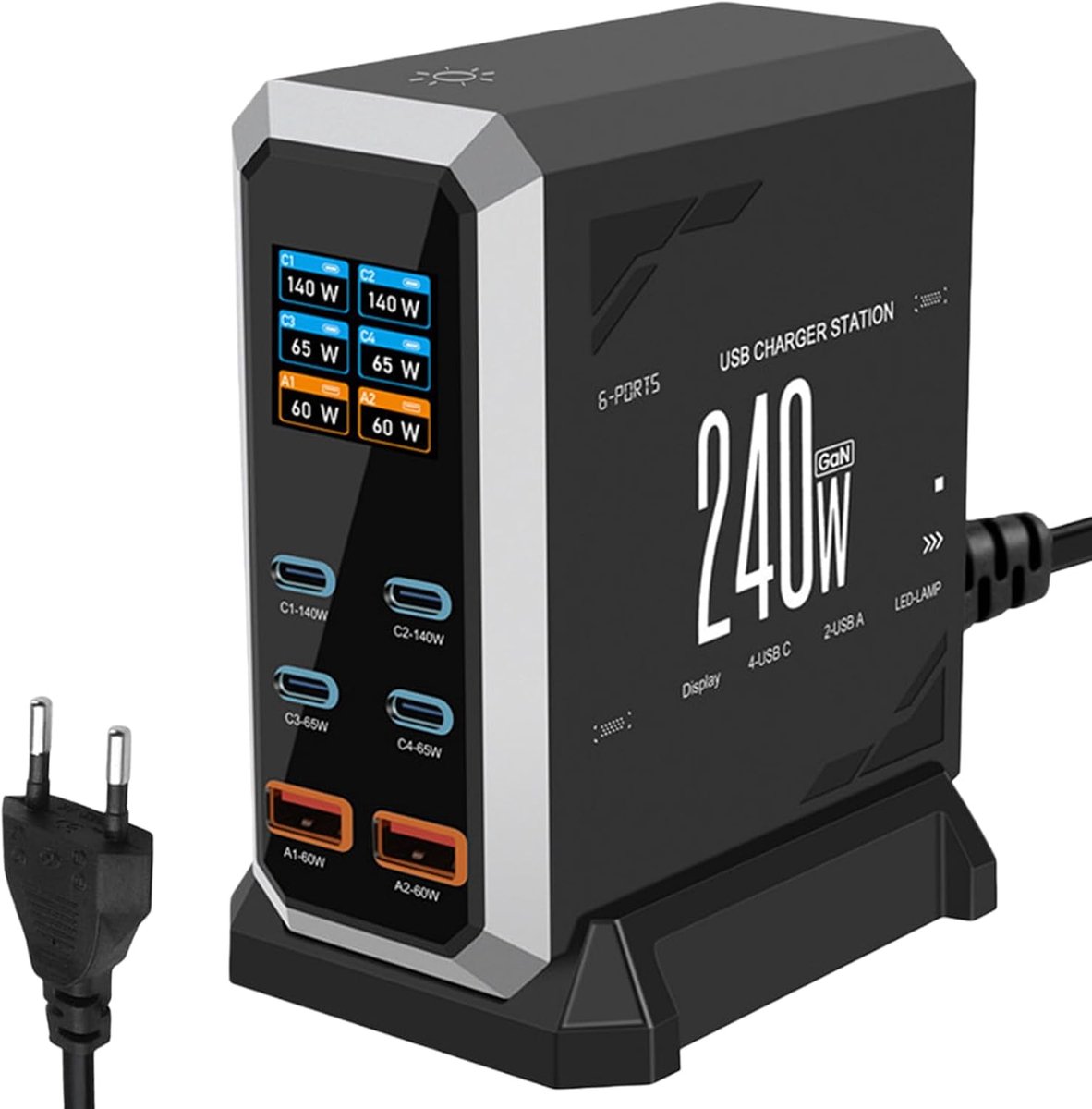 240W USB-C-oplader | 6 Poorten | 4 USB-C | 2 USB-A | PD140W | 65W | 60W Power Delivery | USB-C-laadstation | Geschikt voor MacBook Pro | MacBook Air | iPhone | iPad | Samsung